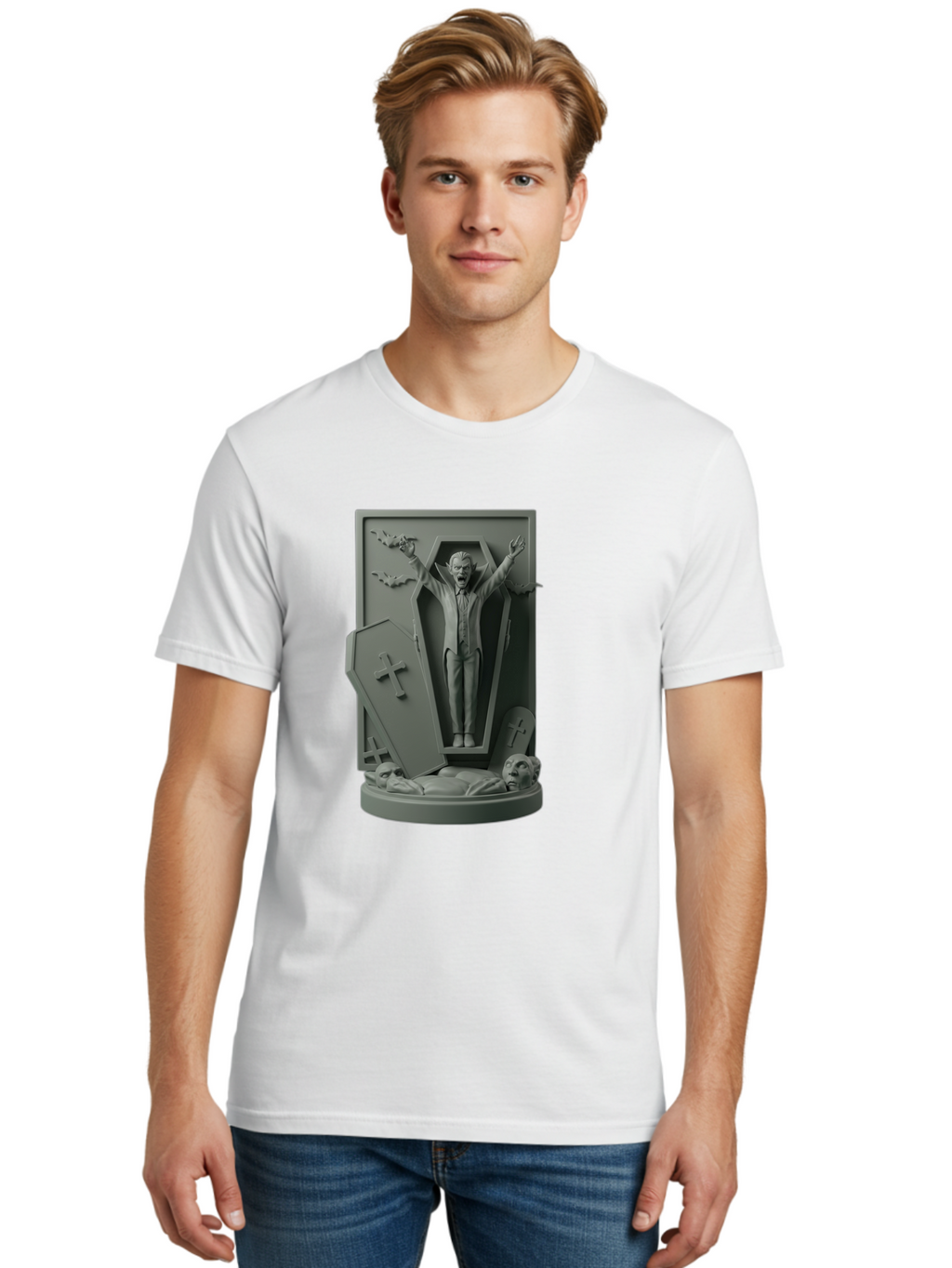 Vampire-Rising Men'S Graphic Tee, 100% Cotton, Comfortable Casual Summer Wear, Machine Washable, Vampire Rising From Coffin, Undead Creature, Horror Theme, Spooky Atmosphere, Bats Flying, Cross Symbol, Undead Rising, Gothic Style, Bac544