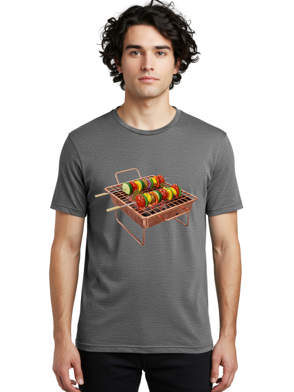 Vegetable-Skewers Men'S Graphic Tee, 100% Cotton, Comfortable Casual Summer Wear, Machine Washable, Grilled Vegetable Skewers, Skewers On Portable Grill, Fresh Vegetables, Outdoor Cooking, Barbecue, Healthy Eating, Vegetable Kebabs, Grilling Bac545