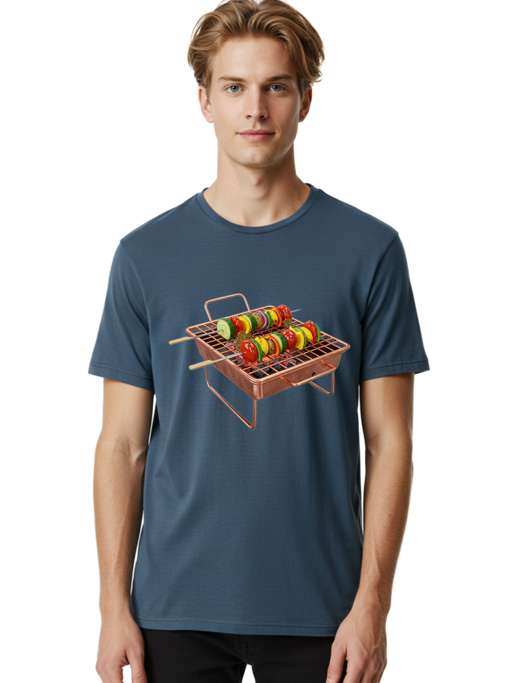 Vegetable-Skewers Men'S Graphic Tee, 100% Cotton, Comfortable Casual Summer Wear, Machine Washable, Grilled Vegetable Skewers, Skewers On Portable Grill, Fresh Vegetables, Outdoor Cooking, Barbecue, Healthy Eating, Vegetable Kebabs, Grilling Bac545