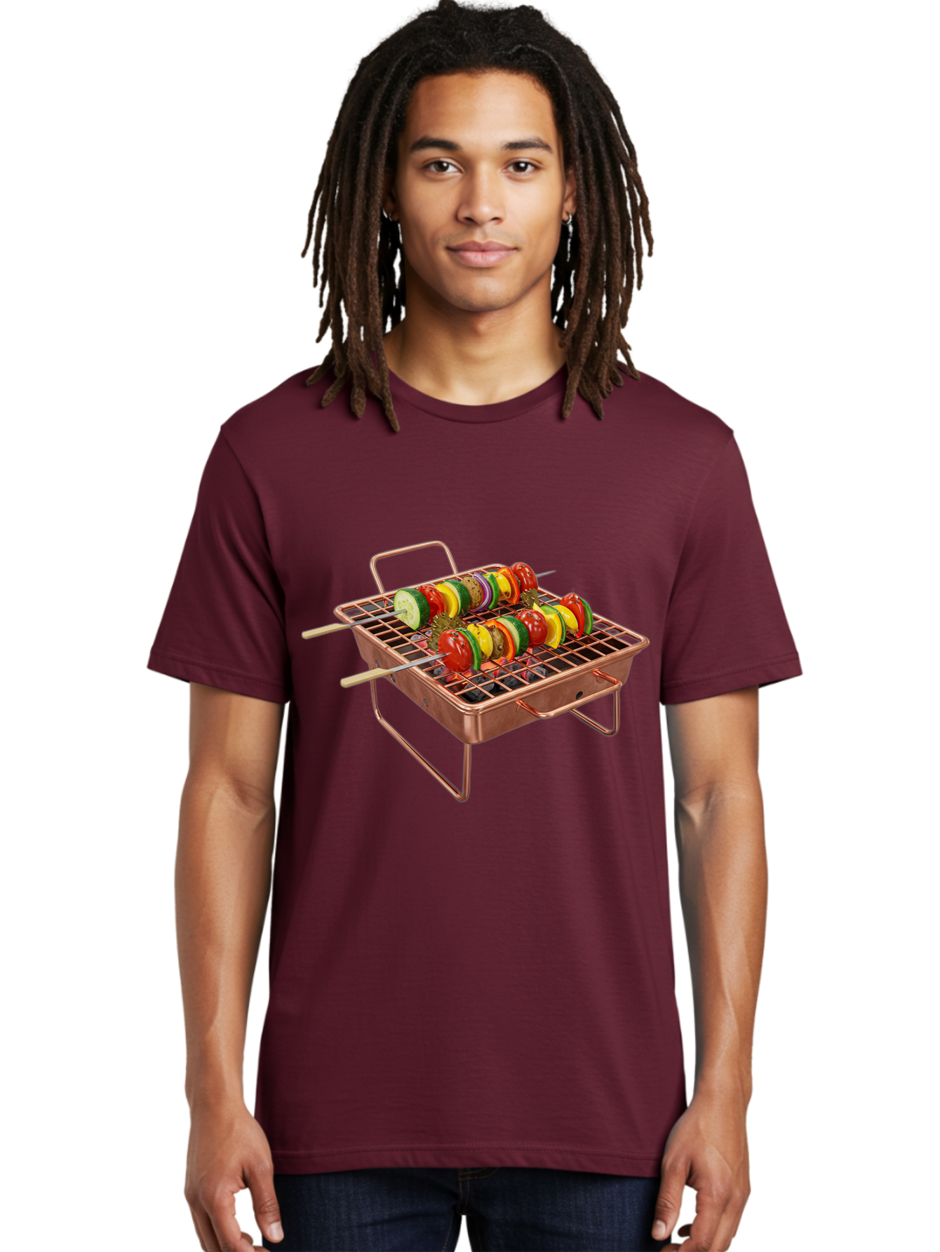 Vegetable-Skewers Men'S Graphic Tee, 100% Cotton, Comfortable Casual Summer Wear, Machine Washable, Grilled Vegetable Skewers, Skewers On Portable Grill, Fresh Vegetables, Outdoor Cooking, Barbecue, Healthy Eating, Vegetable Kebabs, Grilling Bac545
