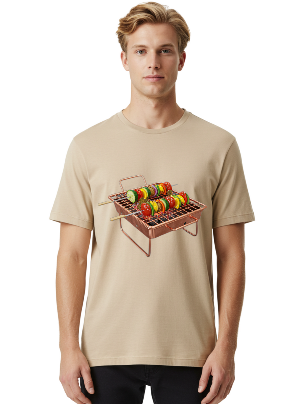 Vegetable-Skewers Men'S Graphic Tee, 100% Cotton, Comfortable Casual Summer Wear, Machine Washable, Grilled Vegetable Skewers, Skewers On Portable Grill, Fresh Vegetables, Outdoor Cooking, Barbecue, Healthy Eating, Vegetable Kebabs, Grilling Bac545