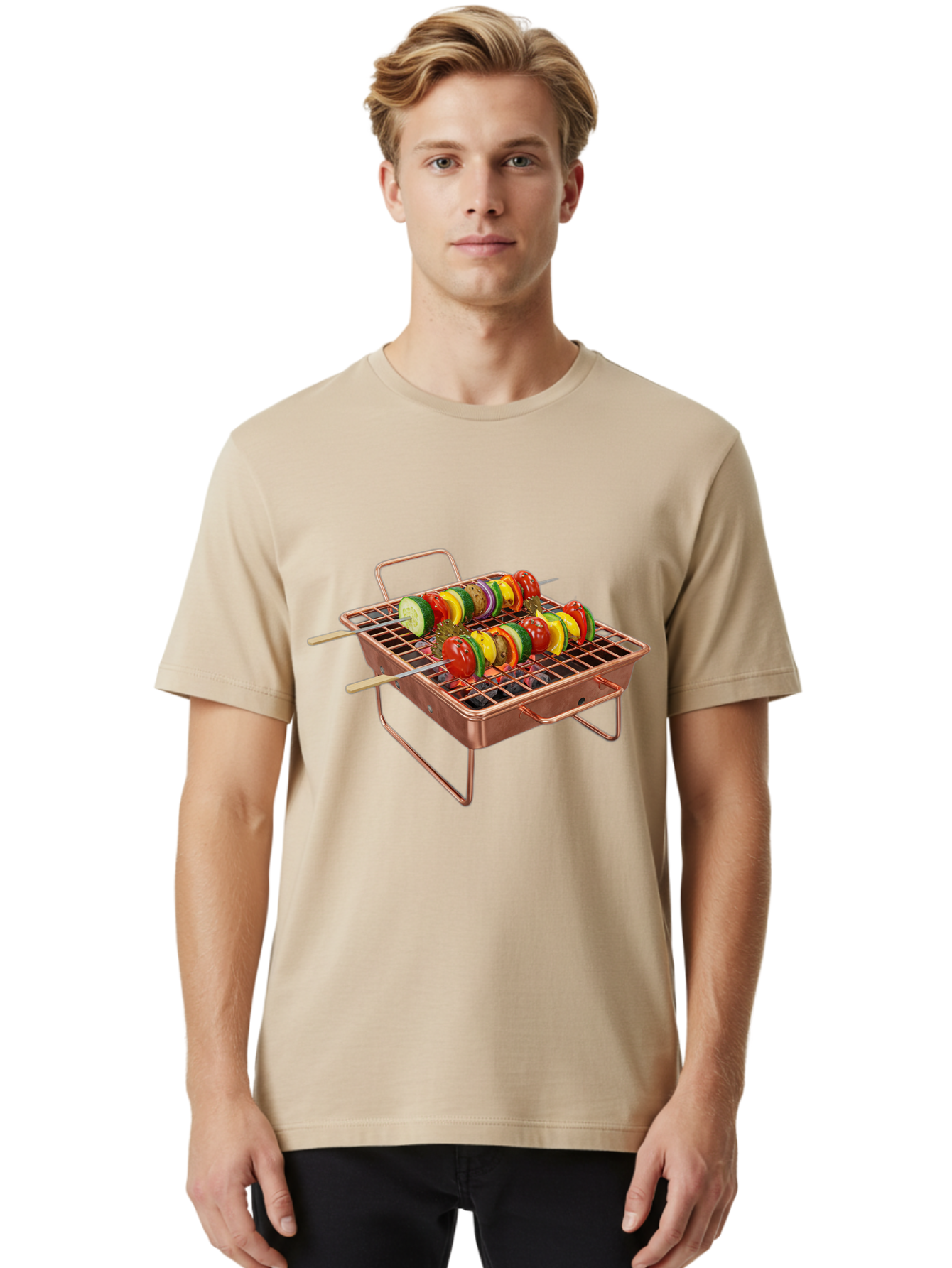 Vegetable-Skewers Men'S Graphic Tee, 100% Cotton, Comfortable Casual Summer Wear, Machine Washable, Grilled Vegetable Skewers, Skewers On Portable Grill, Fresh Vegetables, Outdoor Cooking, Barbecue, Healthy Eating, Vegetable Kebabs, Grilling Bac545
