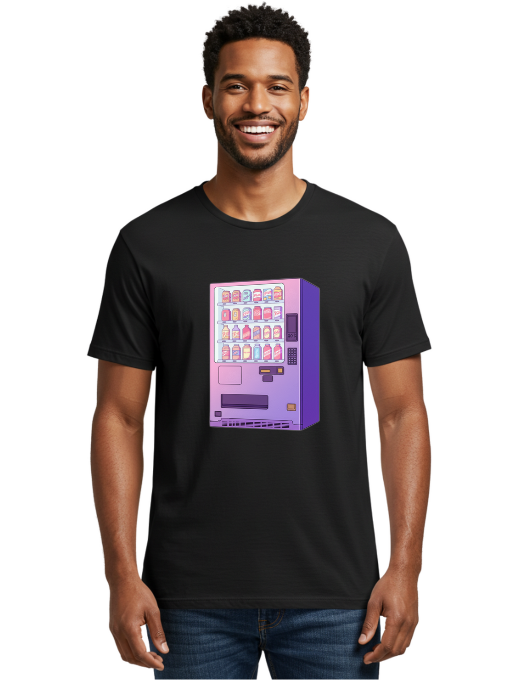 Vending-Machine Men'S Graphic Tee, 100% Cotton, Comfortable Casual Summer Wear, Machine Washable, Vending Machine, Soda Drinks, Colorful Cans, Vending Machine Interface, Automated Retail, Convenience Technology, Soft Drink Dispenser, Bac546