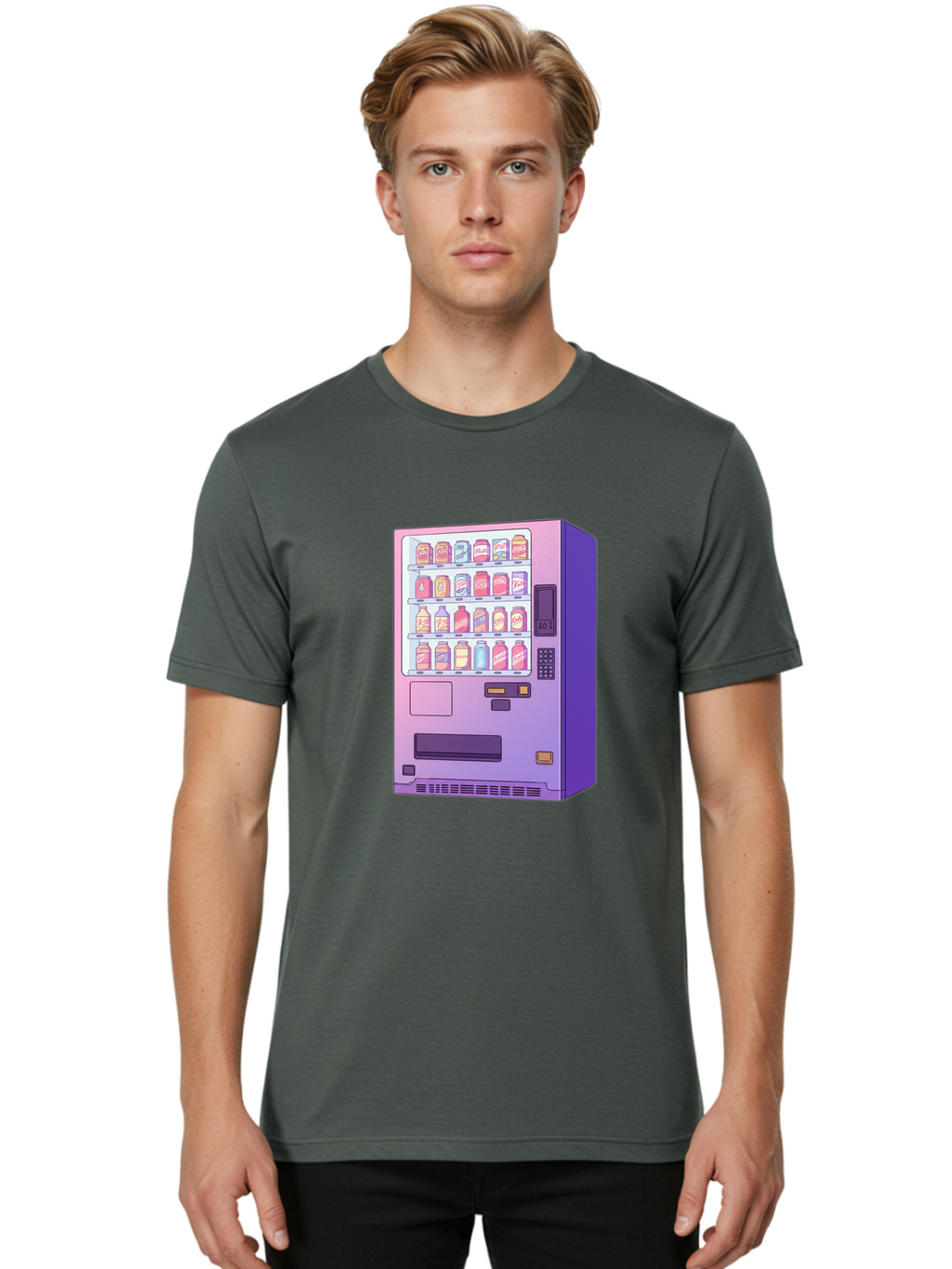 Vending-Machine Men'S Graphic Tee, 100% Cotton, Comfortable Casual Summer Wear, Machine Washable, Vending Machine, Soda Drinks, Colorful Cans, Vending Machine Interface, Automated Retail, Convenience Technology, Soft Drink Dispenser, Bac546