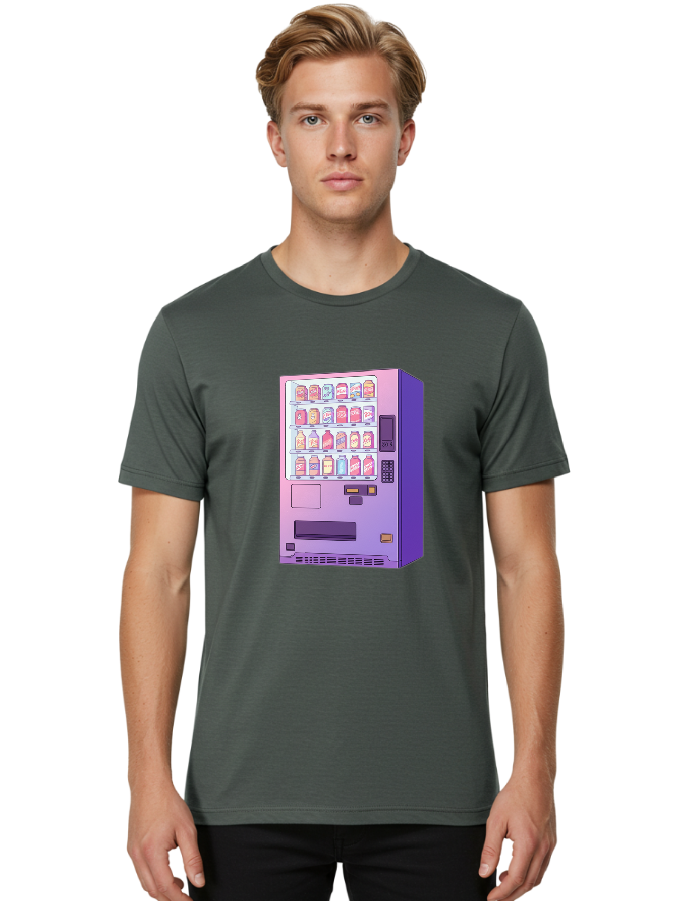 Vending-Machine Men'S Graphic Tee, 100% Cotton, Comfortable Casual Summer Wear, Machine Washable, Vending Machine, Soda Drinks, Colorful Cans, Vending Machine Interface, Automated Retail, Convenience Technology, Soft Drink Dispenser, Bac546