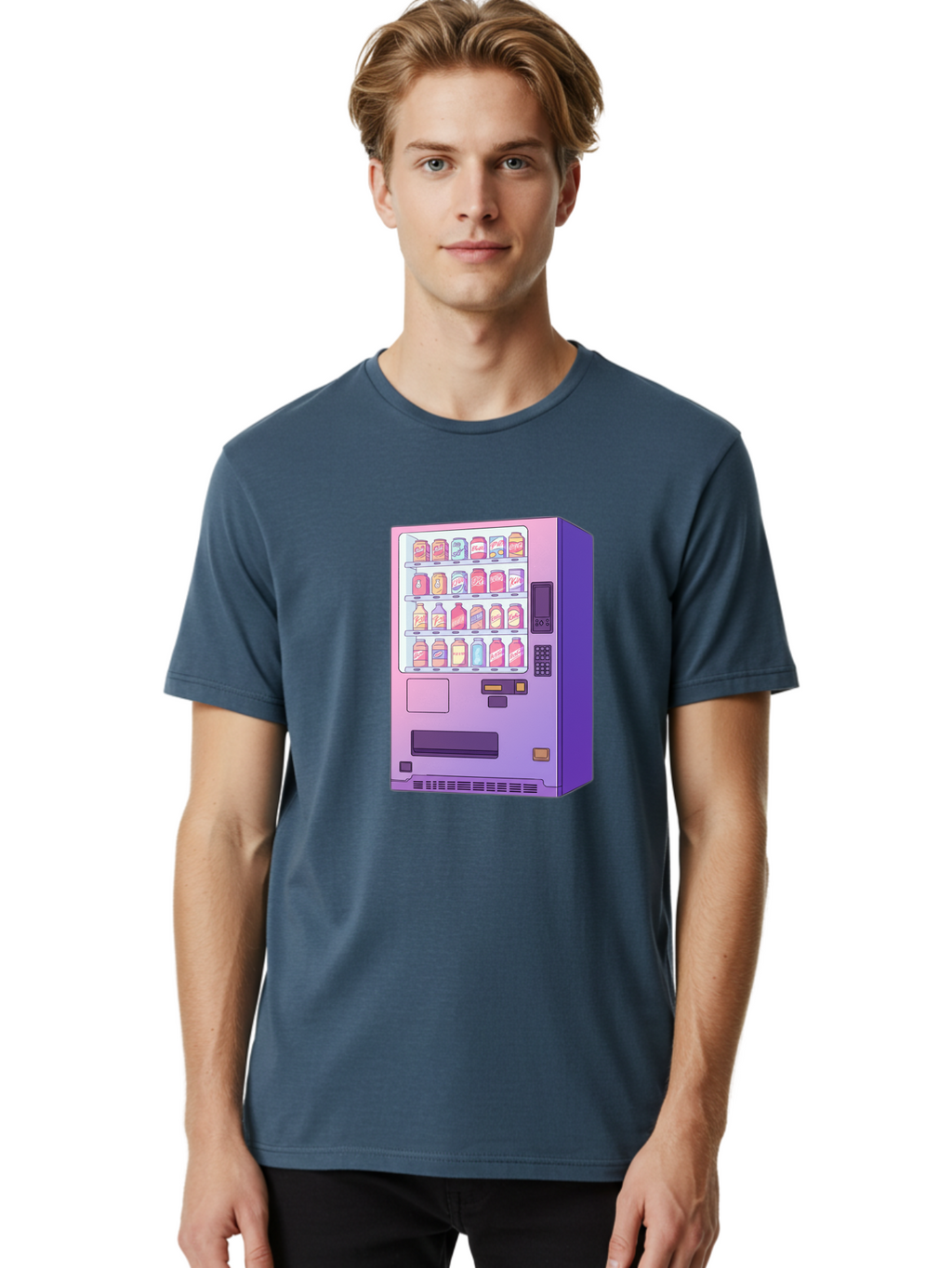 Vending-Machine Men'S Graphic Tee, 100% Cotton, Comfortable Casual Summer Wear, Machine Washable, Vending Machine, Soda Drinks, Colorful Cans, Vending Machine Interface, Automated Retail, Convenience Technology, Soft Drink Dispenser, Bac546