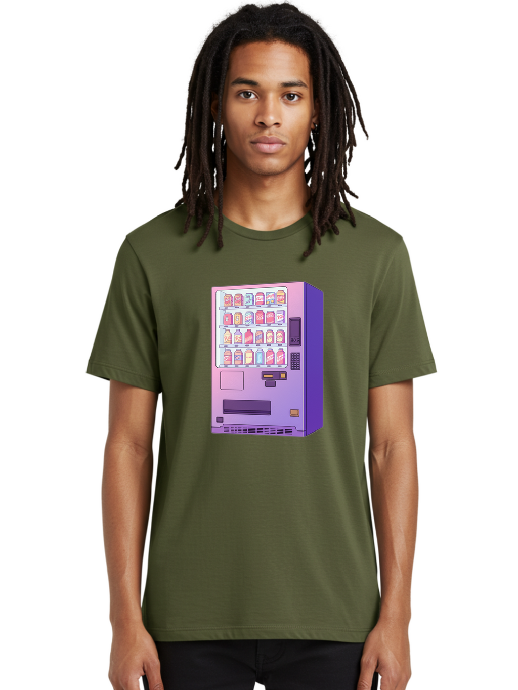Vending-Machine Men'S Graphic Tee, 100% Cotton, Comfortable Casual Summer Wear, Machine Washable, Vending Machine, Soda Drinks, Colorful Cans, Vending Machine Interface, Automated Retail, Convenience Technology, Soft Drink Dispenser, Bac546