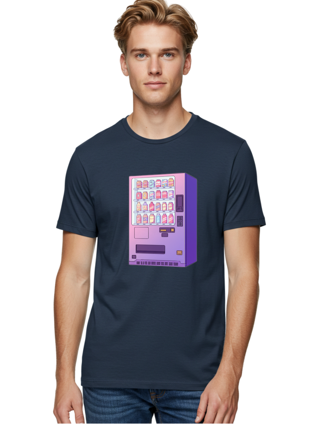 Vending-Machine Men'S Graphic Tee, 100% Cotton, Comfortable Casual Summer Wear, Machine Washable, Vending Machine, Soda Drinks, Colorful Cans, Vending Machine Interface, Automated Retail, Convenience Technology, Soft Drink Dispenser, Bac546
