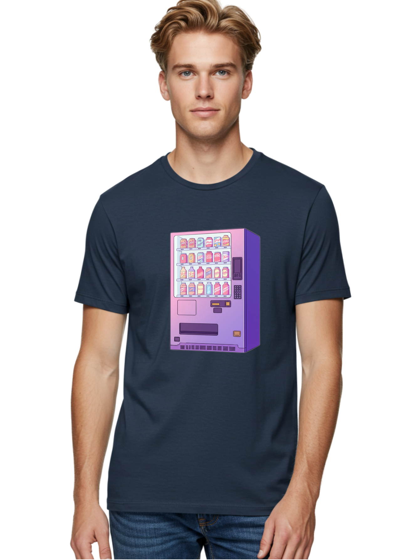 Vending-Machine Men'S Graphic Tee, 100% Cotton, Comfortable Casual Summer Wear, Machine Washable, Vending Machine, Soda Drinks, Colorful Cans, Vending Machine Interface, Automated Retail, Convenience Technology, Soft Drink Dispenser, Bac546