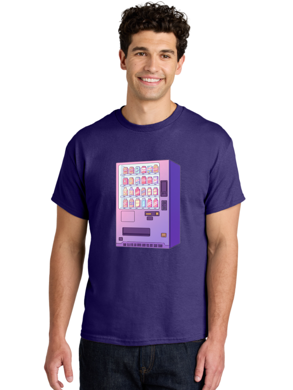 Vending-Machine Men'S Graphic Tee, 100% Cotton, Comfortable Casual Summer Wear, Machine Washable, Vending Machine, Soda Drinks, Colorful Cans, Vending Machine Interface, Automated Retail, Convenience Technology, Soft Drink Dispenser, Bac546