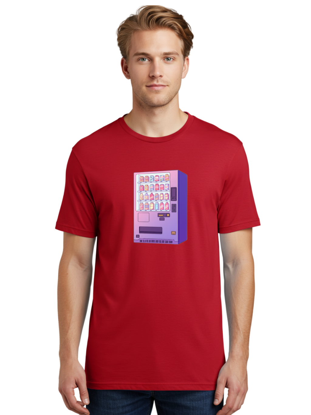 Vending-Machine Men'S Graphic Tee, 100% Cotton, Comfortable Casual Summer Wear, Machine Washable, Vending Machine, Soda Drinks, Colorful Cans, Vending Machine Interface, Automated Retail, Convenience Technology, Soft Drink Dispenser, Bac546