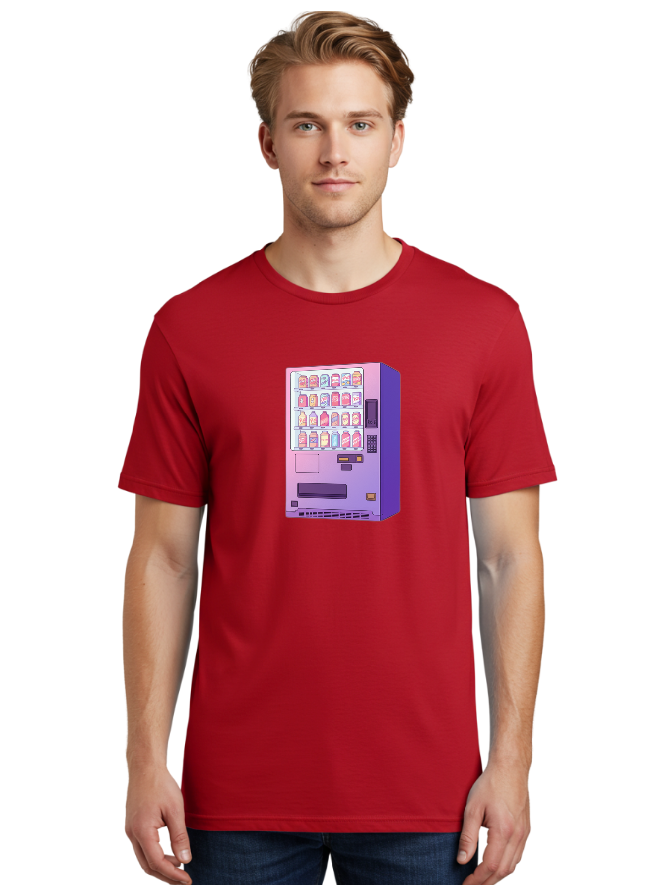 Vending-Machine Men'S Graphic Tee, 100% Cotton, Comfortable Casual Summer Wear, Machine Washable, Vending Machine, Soda Drinks, Colorful Cans, Vending Machine Interface, Automated Retail, Convenience Technology, Soft Drink Dispenser, Bac546