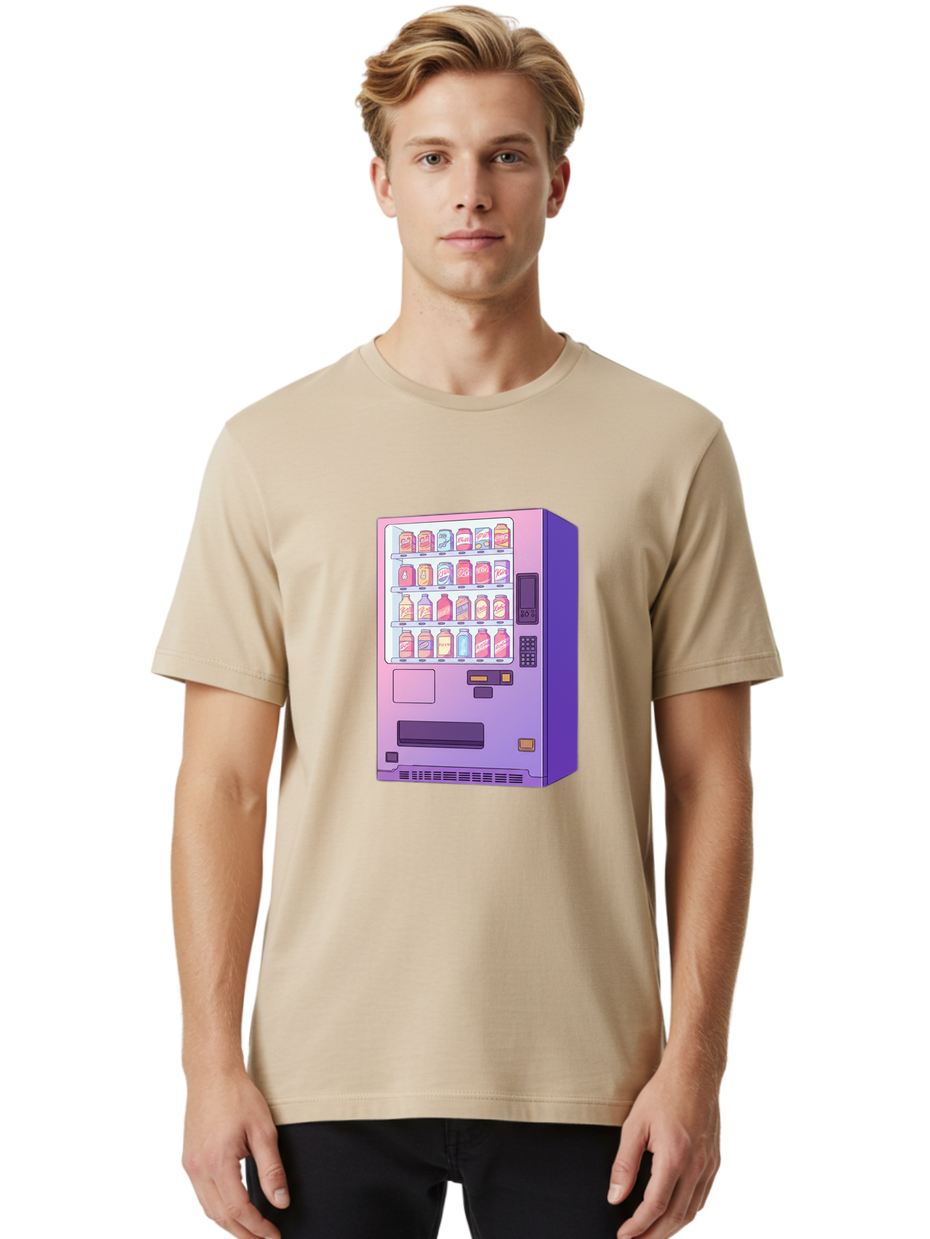 Vending-Machine Men'S Graphic Tee, 100% Cotton, Comfortable Casual Summer Wear, Machine Washable, Vending Machine, Soda Drinks, Colorful Cans, Vending Machine Interface, Automated Retail, Convenience Technology, Soft Drink Dispenser, Bac546