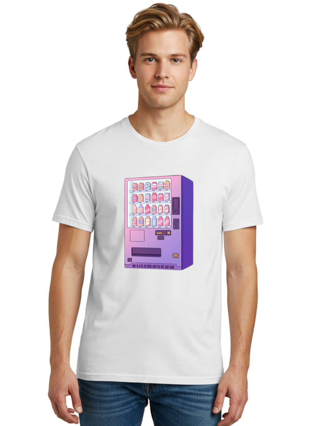 Vending-Machine Men'S Graphic Tee, 100% Cotton, Comfortable Casual Summer Wear, Machine Washable, Vending Machine, Soda Drinks, Colorful Cans, Vending Machine Interface, Automated Retail, Convenience Technology, Soft Drink Dispenser, Bac546