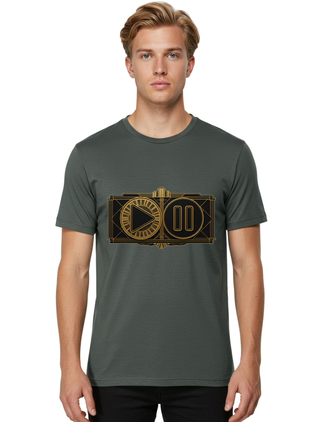 Video-Controls Men'S Graphic Tee, 100% Cotton, Comfortable Casual Summer Wear, Machine Washable, Play Button, Pause Button, Video Controls, Media Player, Gold Accents, Black Background, Modern Design, User Interface, Digital Media Bac547
