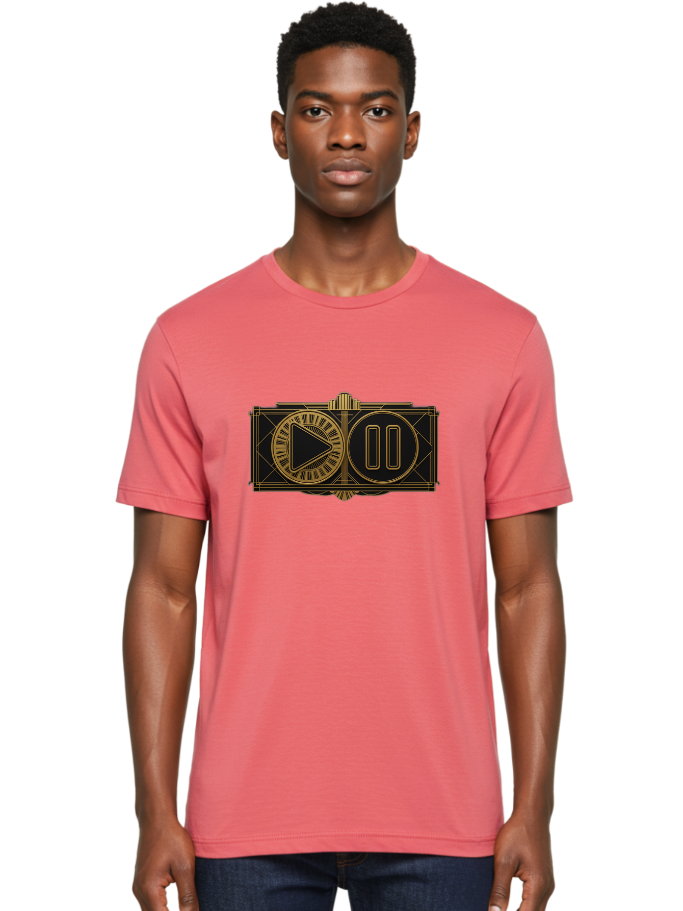 Video-Controls Men'S Graphic Tee, 100% Cotton, Comfortable Casual Summer Wear, Machine Washable, Play Button, Pause Button, Video Controls, Media Player, Gold Accents, Black Background, Modern Design, User Interface, Digital Media Bac547