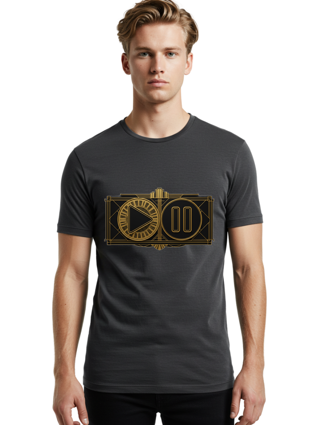 Video-Controls Men'S Graphic Tee, 100% Cotton, Comfortable Casual Summer Wear, Machine Washable, Play Button, Pause Button, Video Controls, Media Player, Gold Accents, Black Background, Modern Design, User Interface, Digital Media Bac547