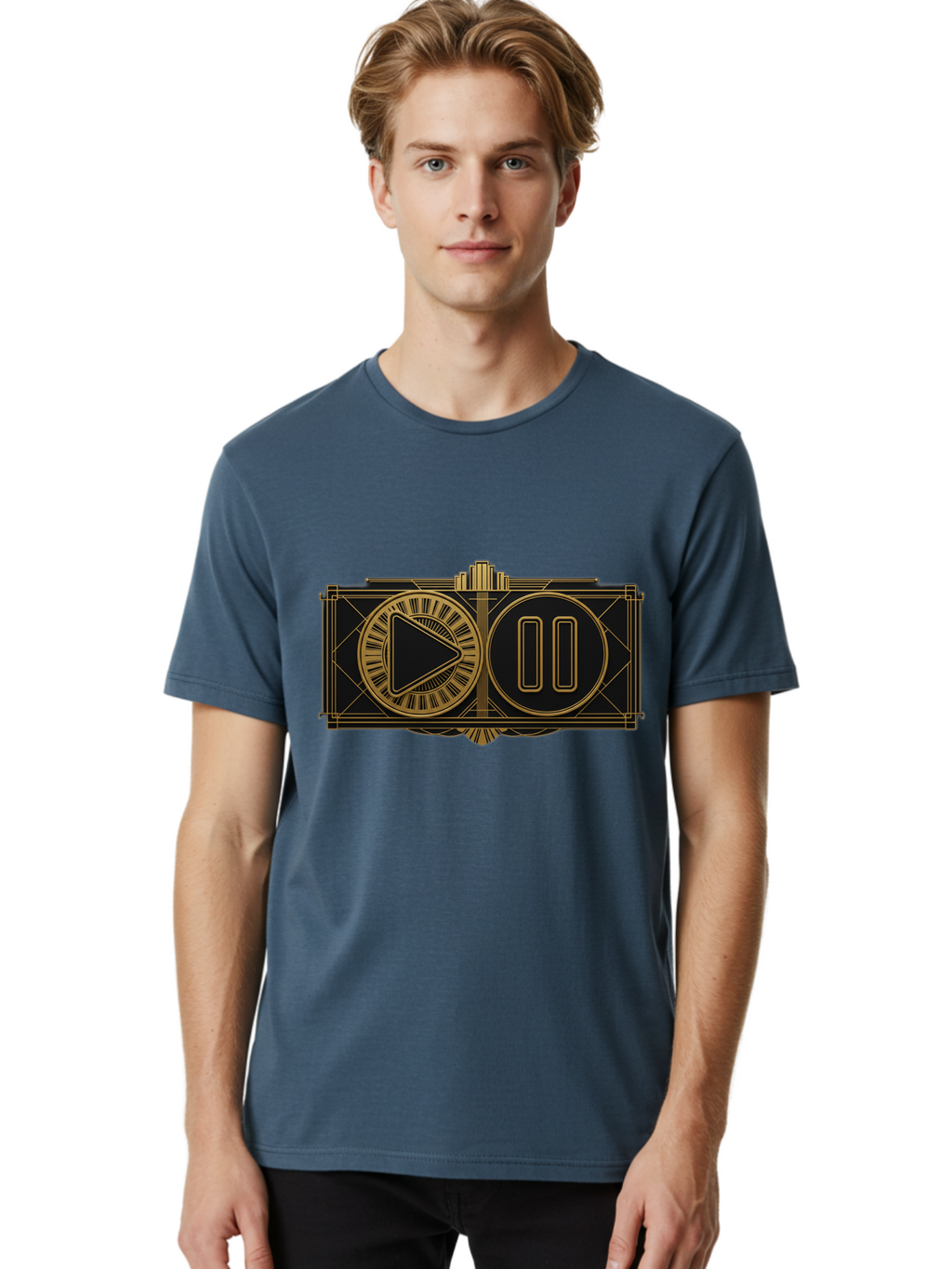 Video-Controls Men'S Graphic Tee, 100% Cotton, Comfortable Casual Summer Wear, Machine Washable, Play Button, Pause Button, Video Controls, Media Player, Gold Accents, Black Background, Modern Design, User Interface, Digital Media Bac547