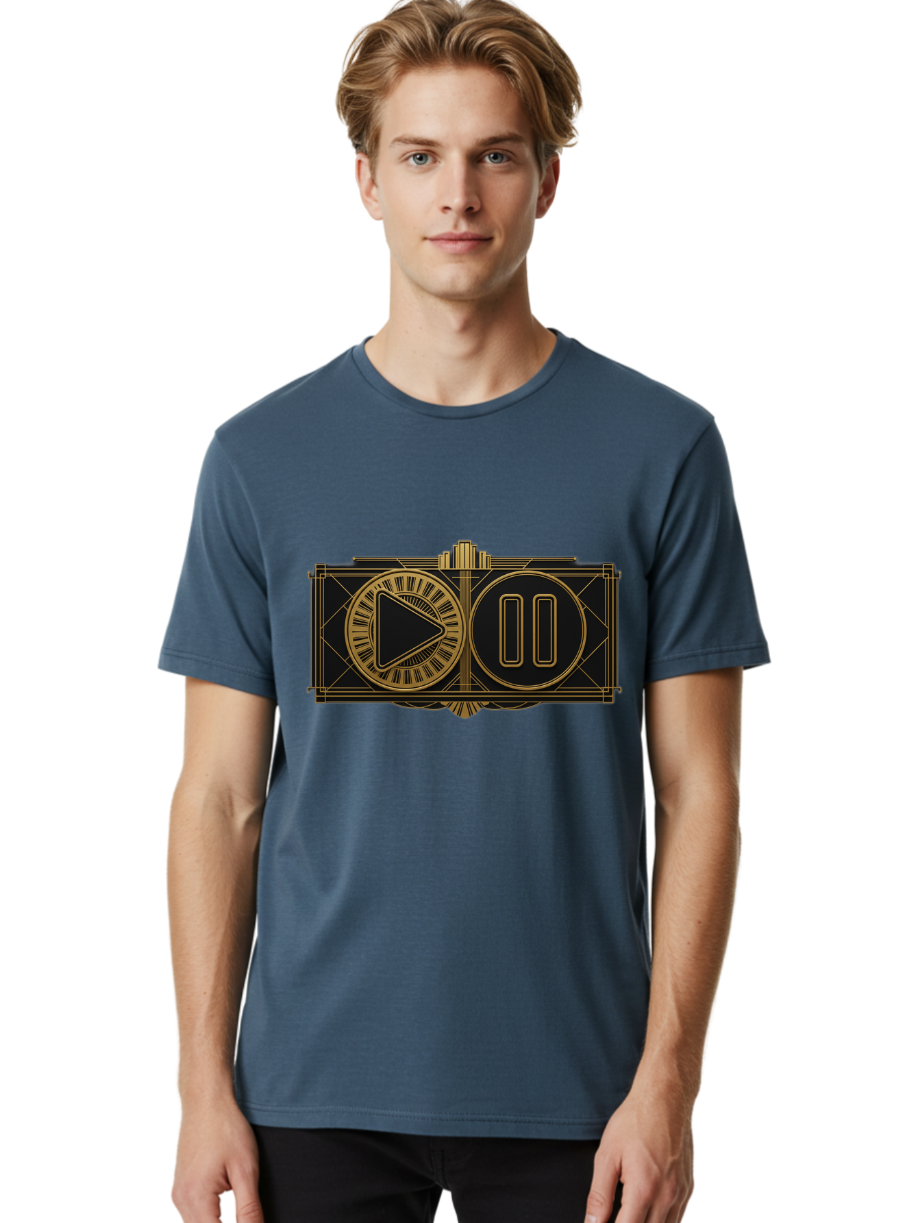Video-Controls Men'S Graphic Tee, 100% Cotton, Comfortable Casual Summer Wear, Machine Washable, Play Button, Pause Button, Video Controls, Media Player, Gold Accents, Black Background, Modern Design, User Interface, Digital Media Bac547