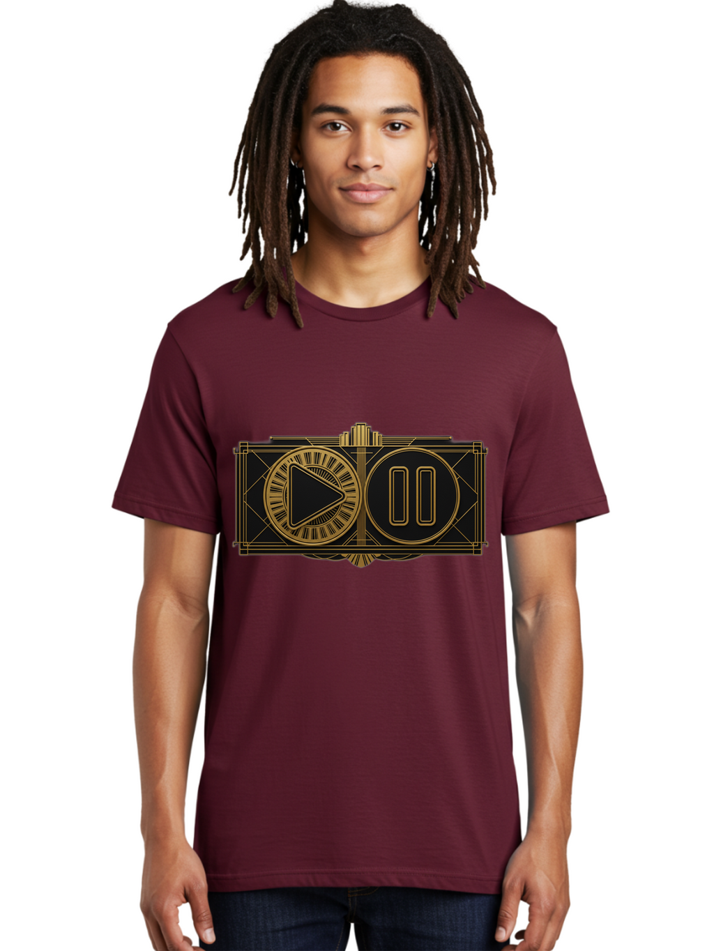 Video-Controls Men'S Graphic Tee, 100% Cotton, Comfortable Casual Summer Wear, Machine Washable, Play Button, Pause Button, Video Controls, Media Player, Gold Accents, Black Background, Modern Design, User Interface, Digital Media Bac547