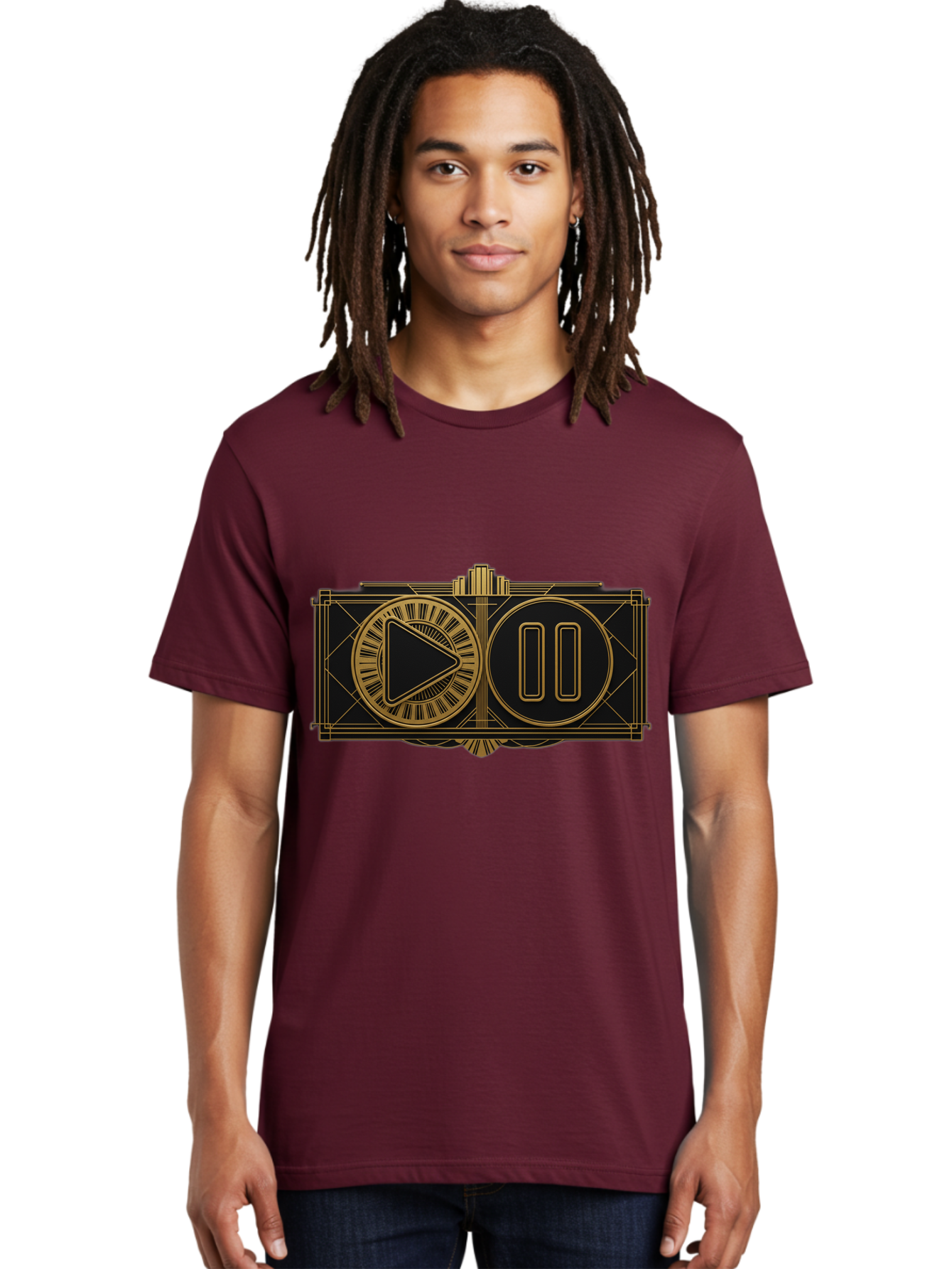 Video-Controls Men'S Graphic Tee, 100% Cotton, Comfortable Casual Summer Wear, Machine Washable, Play Button, Pause Button, Video Controls, Media Player, Gold Accents, Black Background, Modern Design, User Interface, Digital Media Bac547