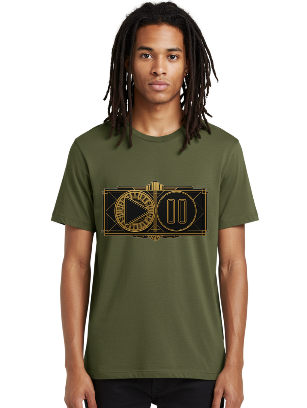 Video-Controls Men'S Graphic Tee, 100% Cotton, Comfortable Casual Summer Wear, Machine Washable, Play Button, Pause Button, Video Controls, Media Player, Gold Accents, Black Background, Modern Design, User Interface, Digital Media Bac547