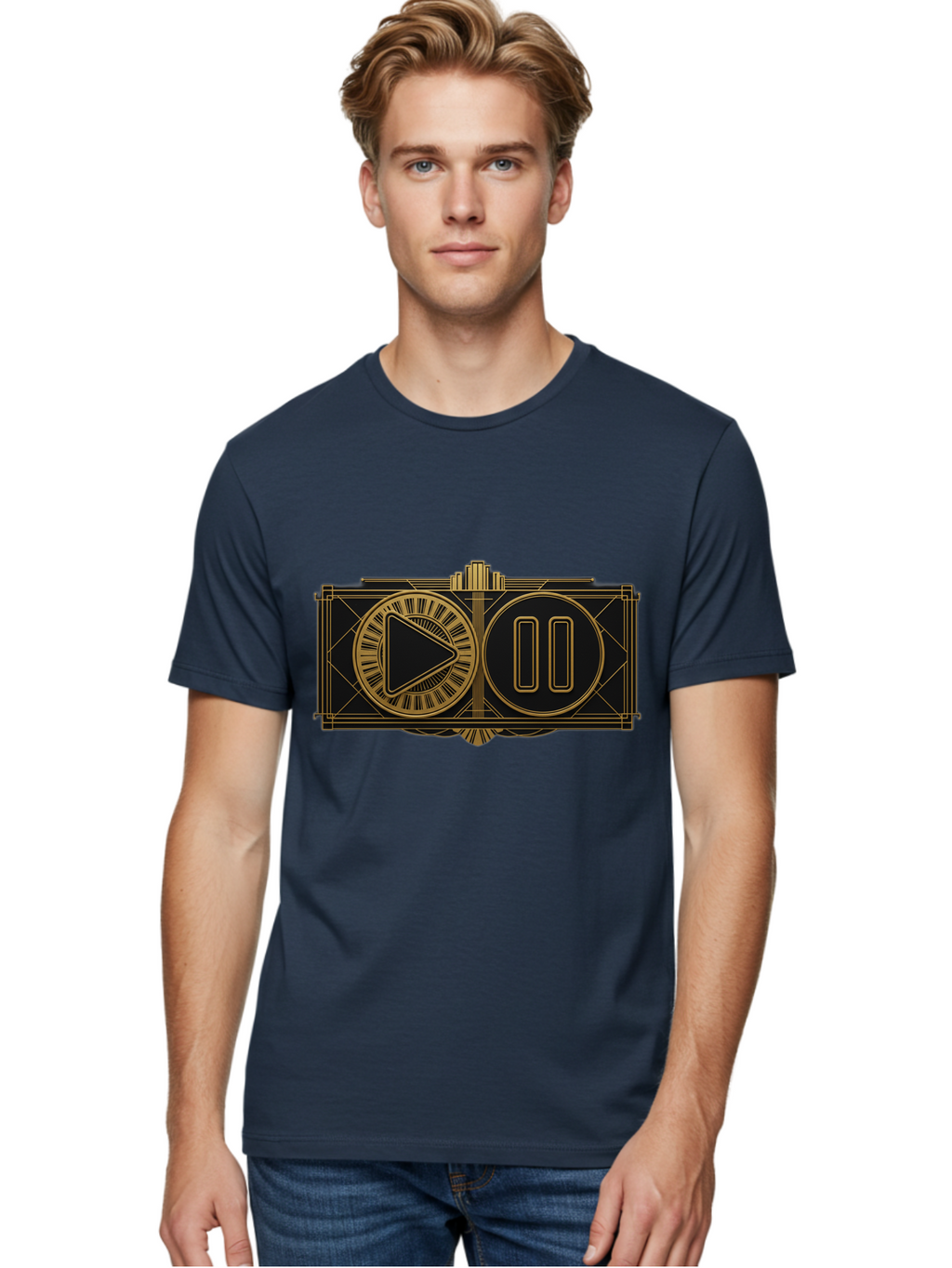 Video-Controls Men'S Graphic Tee, 100% Cotton, Comfortable Casual Summer Wear, Machine Washable, Play Button, Pause Button, Video Controls, Media Player, Gold Accents, Black Background, Modern Design, User Interface, Digital Media Bac547