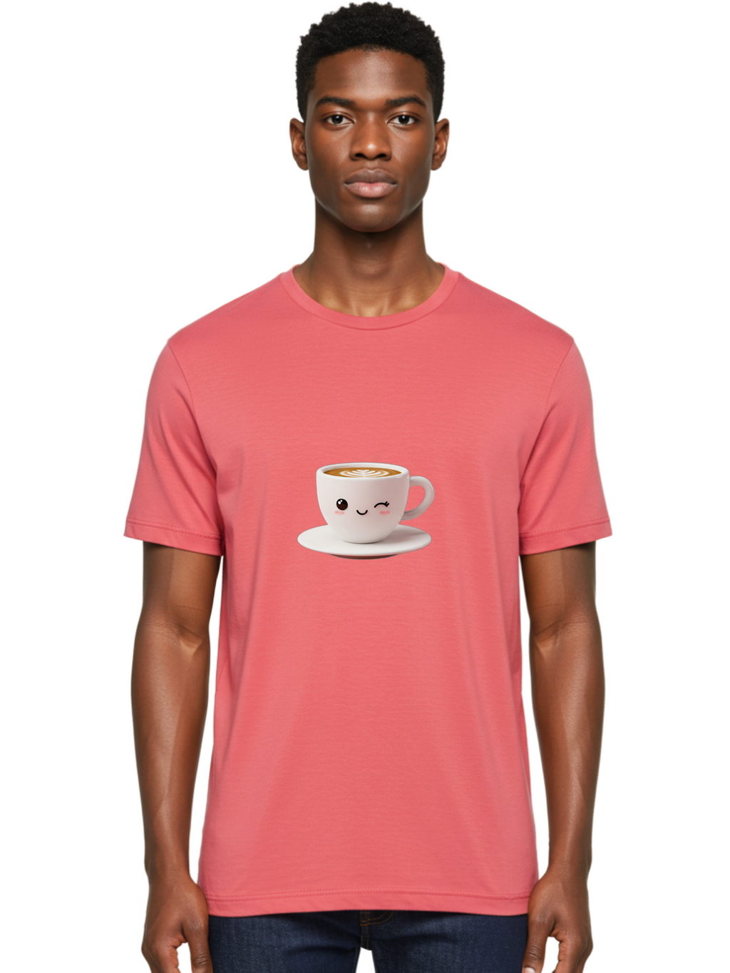 Winking-Coffee-Cup Men'S Graphic Tee, 100% Cotton, Comfortable Casual Summer Wear, Machine Washable, Cute Coffee Cup, Cartoon Character, Coffee Break, Latte Art, Winking Face, Adorable Design, Morning Pick-Me-Up, Coffee Lover, Cozy Vibes Bac553
