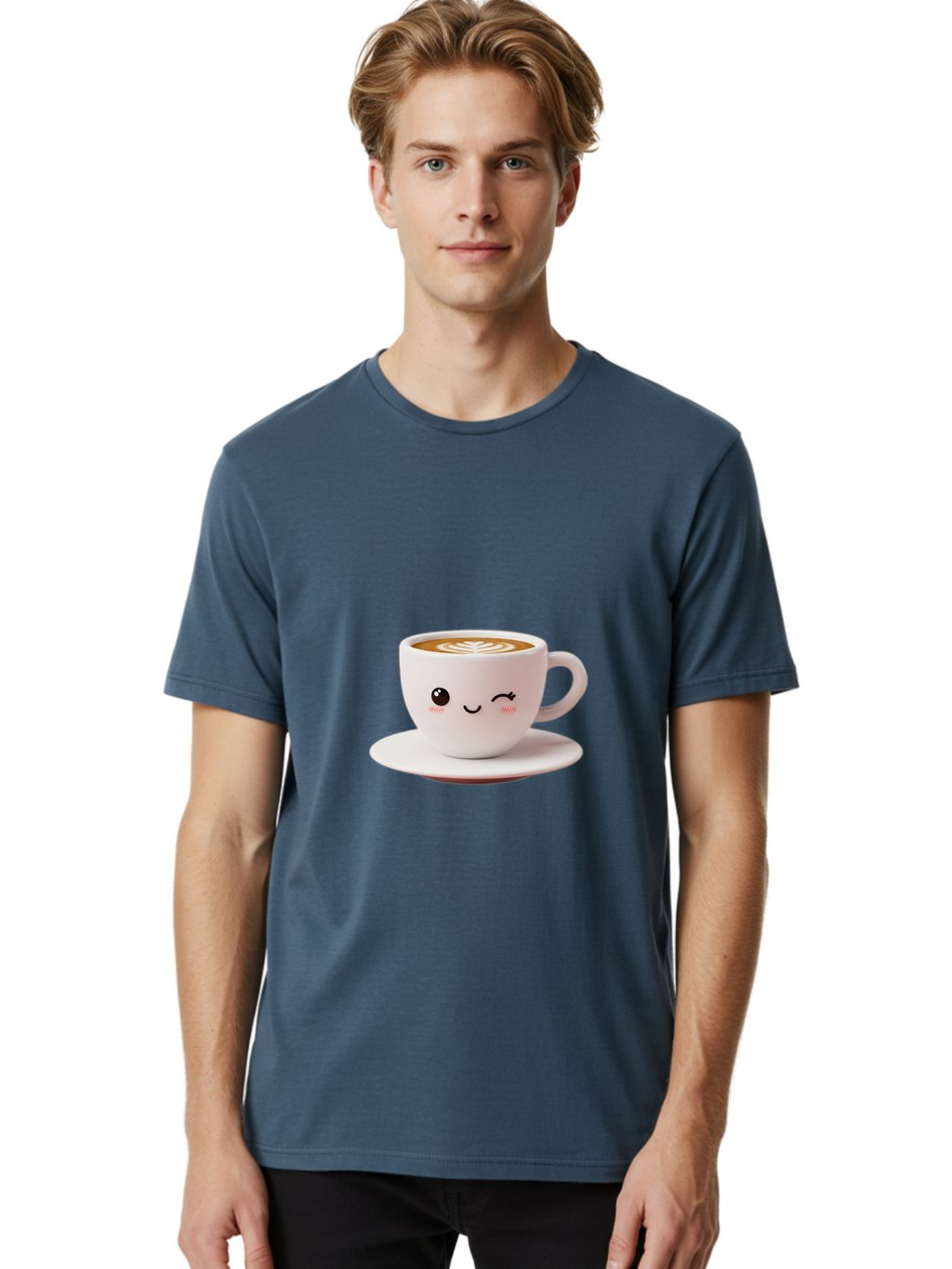 Winking-Coffee-Cup Men'S Graphic Tee, 100% Cotton, Comfortable Casual Summer Wear, Machine Washable, Cute Coffee Cup, Cartoon Character, Coffee Break, Latte Art, Winking Face, Adorable Design, Morning Pick-Me-Up, Coffee Lover, Cozy Vibes Bac553