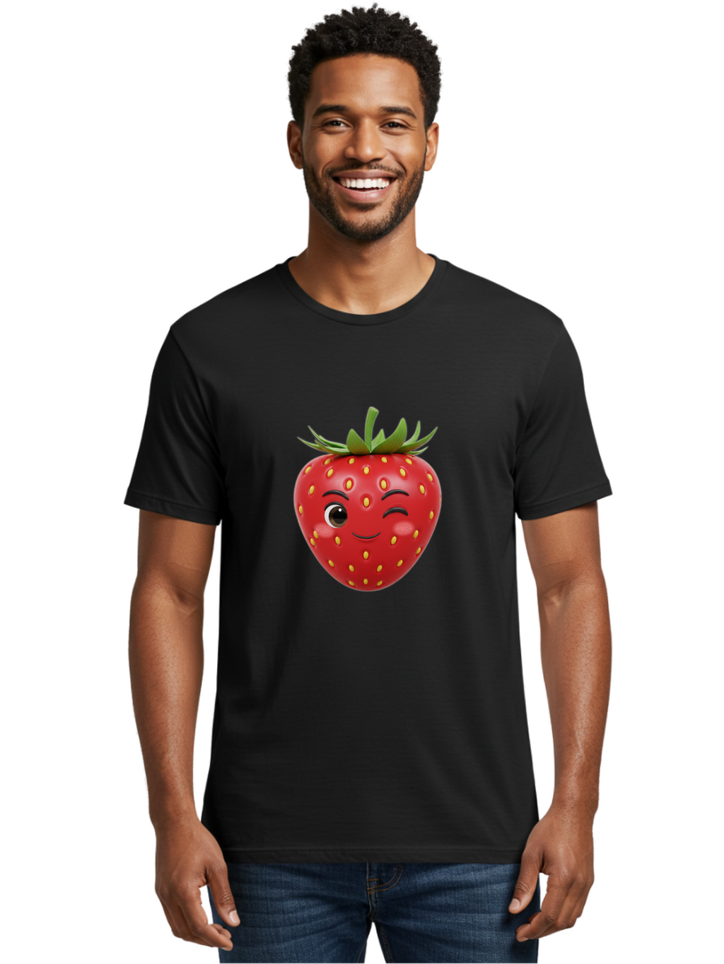 Winking-Strawberry-1 Men'S Graphic Tee, 100% Cotton, Comfortable Casual Summer Wear, Machine Washable, Cartoon Strawberry, Winking Face, Yellow Seeds, Red Fruit, Funny Character, Cute Emoji, Playful Expression, Smiling Face, Bac554