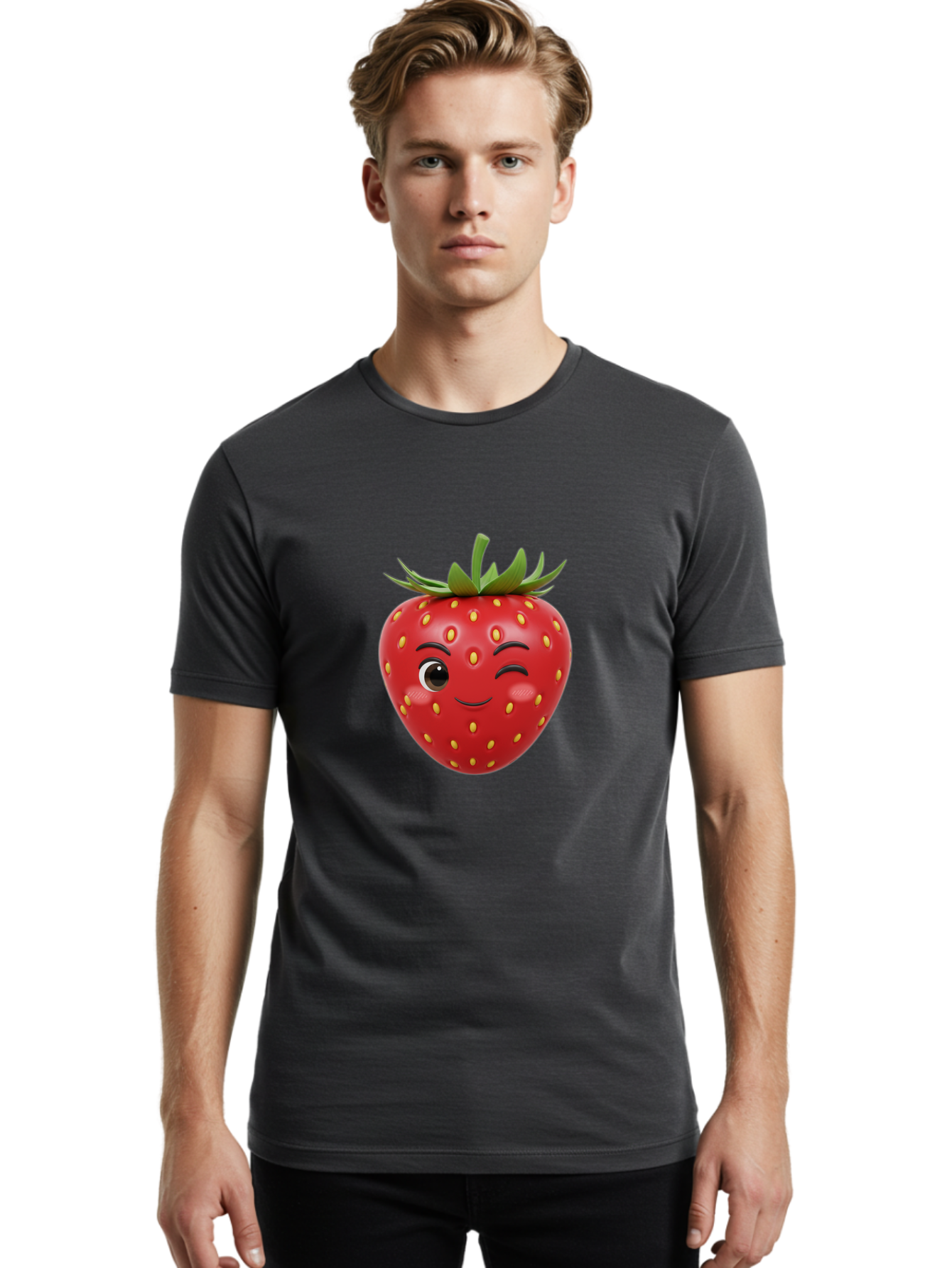 Winking-Strawberry-1 Men'S Graphic Tee, 100% Cotton, Comfortable Casual Summer Wear, Machine Washable, Cartoon Strawberry, Winking Face, Yellow Seeds, Red Fruit, Funny Character, Cute Emoji, Playful Expression, Smiling Face, Bac554