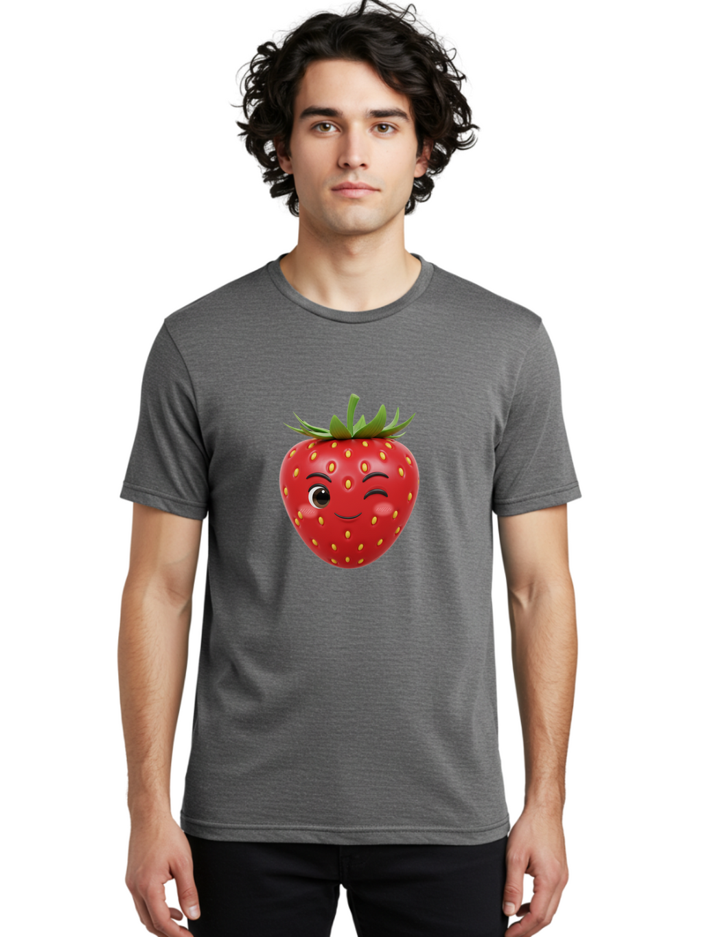 Winking-Strawberry-1 Men'S Graphic Tee, 100% Cotton, Comfortable Casual Summer Wear, Machine Washable, Cartoon Strawberry, Winking Face, Yellow Seeds, Red Fruit, Funny Character, Cute Emoji, Playful Expression, Smiling Face, Bac554