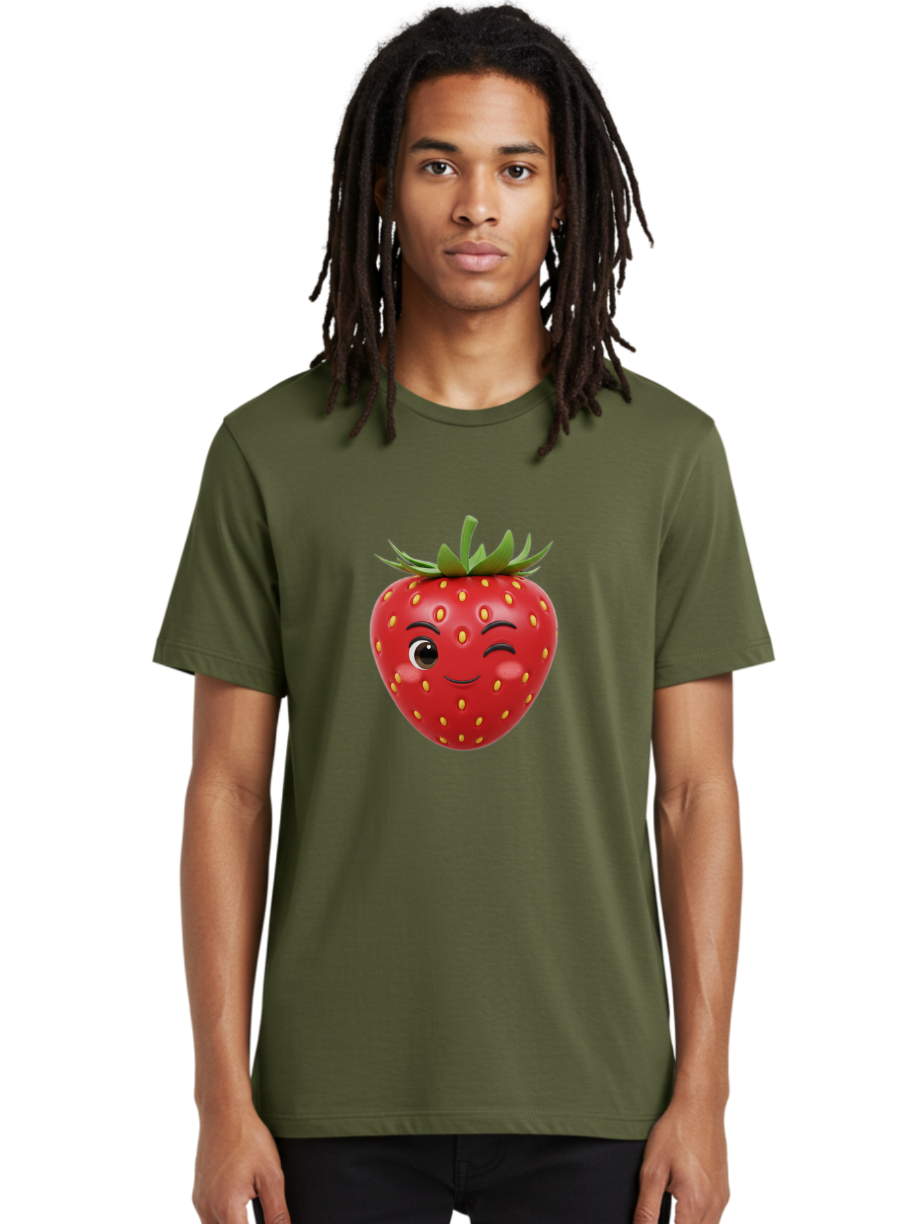 Winking-Strawberry-1 Men'S Graphic Tee, 100% Cotton, Comfortable Casual Summer Wear, Machine Washable, Cartoon Strawberry, Winking Face, Yellow Seeds, Red Fruit, Funny Character, Cute Emoji, Playful Expression, Smiling Face, Bac554