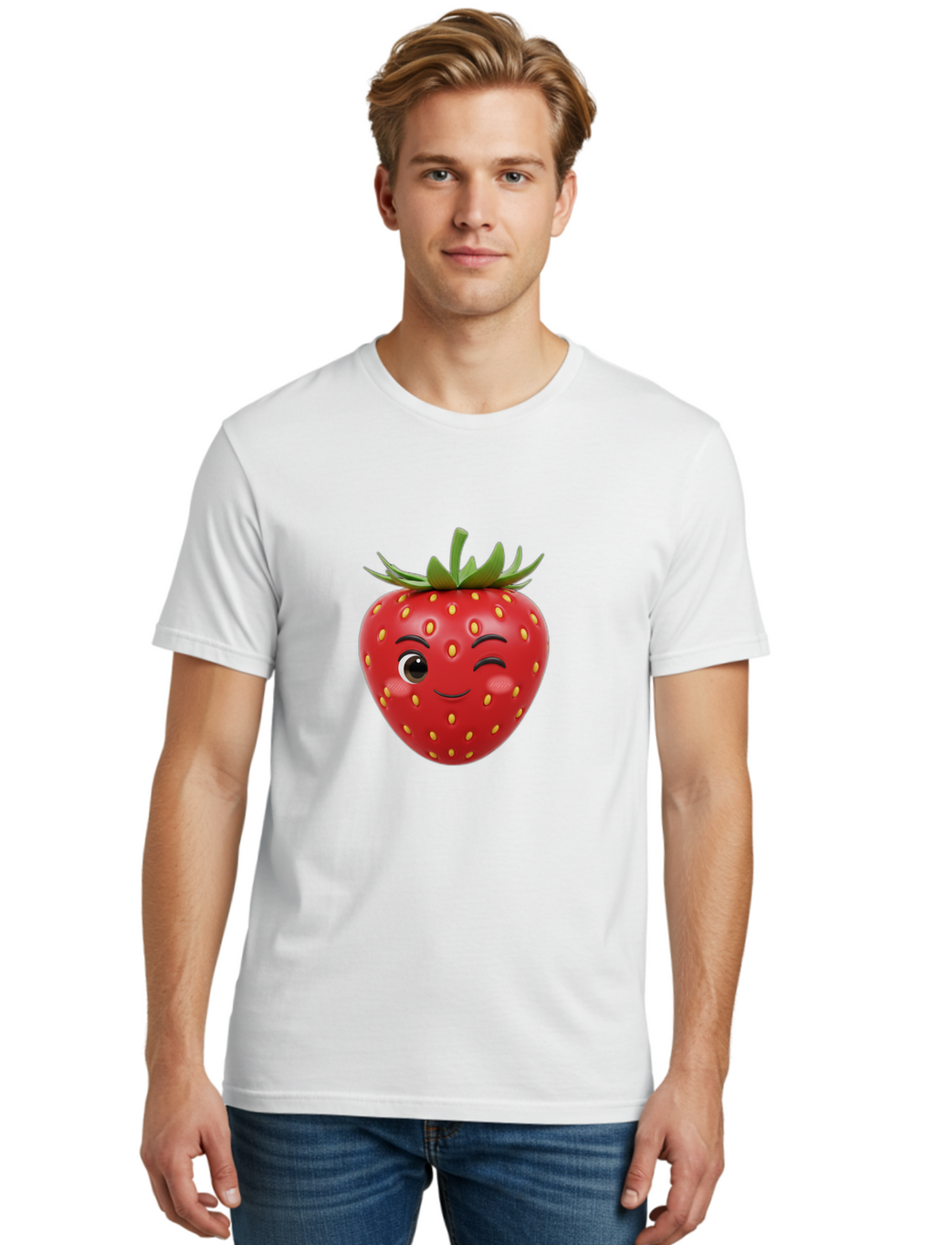 Winking-Strawberry-1 Men'S Graphic Tee, 100% Cotton, Comfortable Casual Summer Wear, Machine Washable, Cartoon Strawberry, Winking Face, Yellow Seeds, Red Fruit, Funny Character, Cute Emoji, Playful Expression, Smiling Face, Bac554