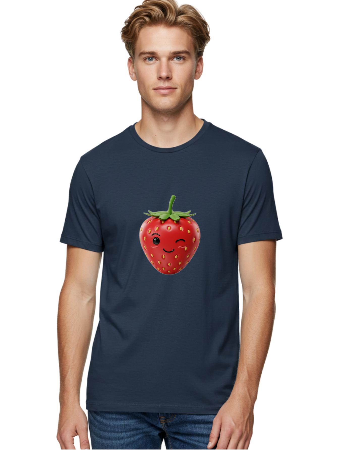 Winking-Strawberry-10 Men'S Graphic Tee, 100% Cotton, Comfortable Casual Summer Wear, Machine Washable, Red Strawberry, Cartoon Character, Winking Face, Smiling Strawberry, Cute Emoji, Fruit Illustration, Yellow Seeds, Strawberry Icon Bac555