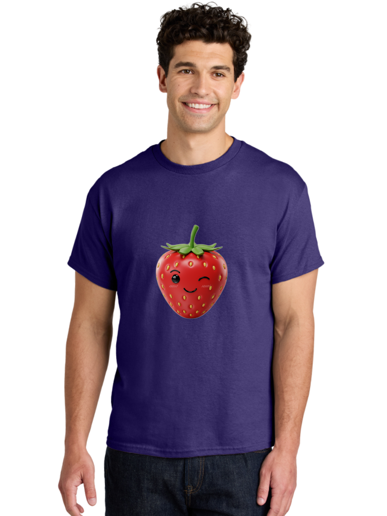 Winking-Strawberry-10 Men'S Graphic Tee, 100% Cotton, Comfortable Casual Summer Wear, Machine Washable, Red Strawberry, Cartoon Character, Winking Face, Smiling Strawberry, Cute Emoji, Fruit Illustration, Yellow Seeds, Strawberry Icon Bac555