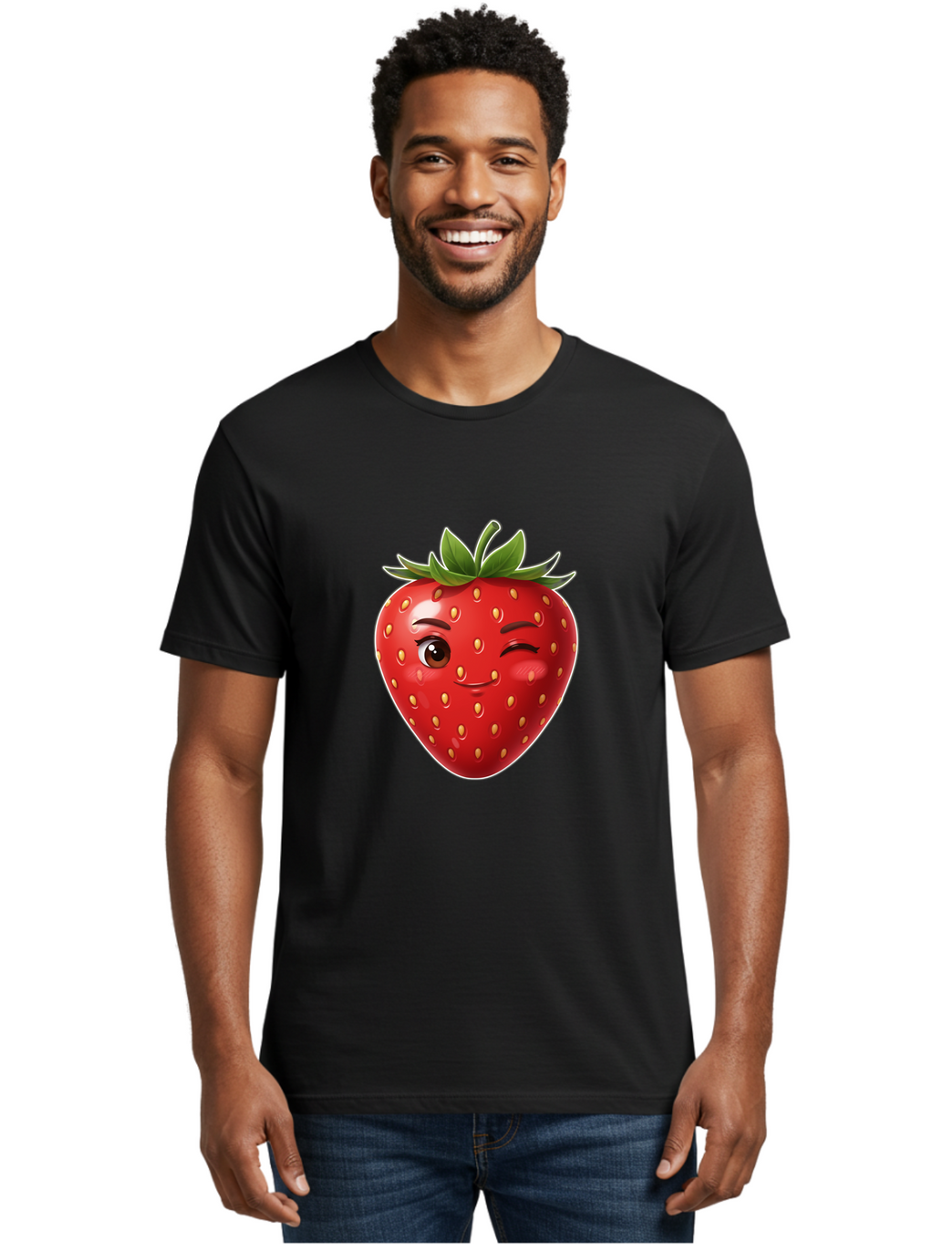 Winking-Strawberry-12 Men'S Graphic Tee, 100% Cotton, Comfortable Casual Summer Wear, Machine Washable, Winking Strawberry, Cartoon Style, Fresh Fruit, Healthy Snack, Vibrant Colors, Playful Expression, Yellow Seeds, Green Leaves Bac557