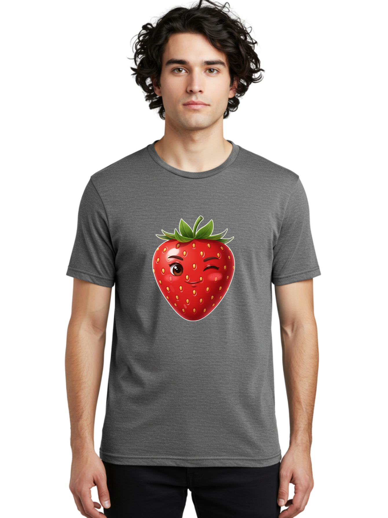 Winking-Strawberry-12 Men'S Graphic Tee, 100% Cotton, Comfortable Casual Summer Wear, Machine Washable, Winking Strawberry, Cartoon Style, Fresh Fruit, Healthy Snack, Vibrant Colors, Playful Expression, Yellow Seeds, Green Leaves Bac557