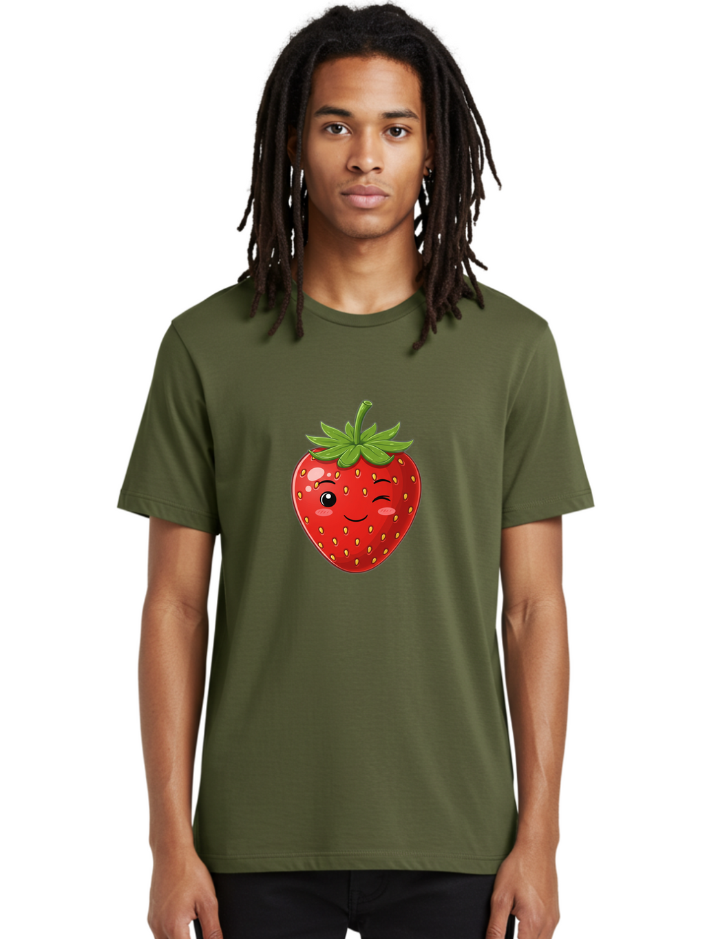 Winking-Strawberry-13 Men'S Graphic Tee, 100% Cotton, Comfortable Casual Summer Wear, Machine Washable, Winking Strawberry Cartoon, Smiling Fruit, Shiny Red Strawberry, Adorable Illustration, Cute Character Design, Playful Emoji, Happy Face, Bac558