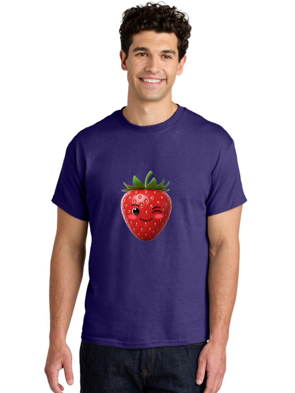 Winking-Strawberry-2 Men'S Graphic Tee, 100% Cotton, Comfortable Casual Summer Wear, Machine Washable, Winking Strawberry, Smiling Face, Cartoon Character, Fruit Illustration, Red Strawberry, Yellow Seeds, Green Leaves, Fun Design, Cute Emoji, Bac559