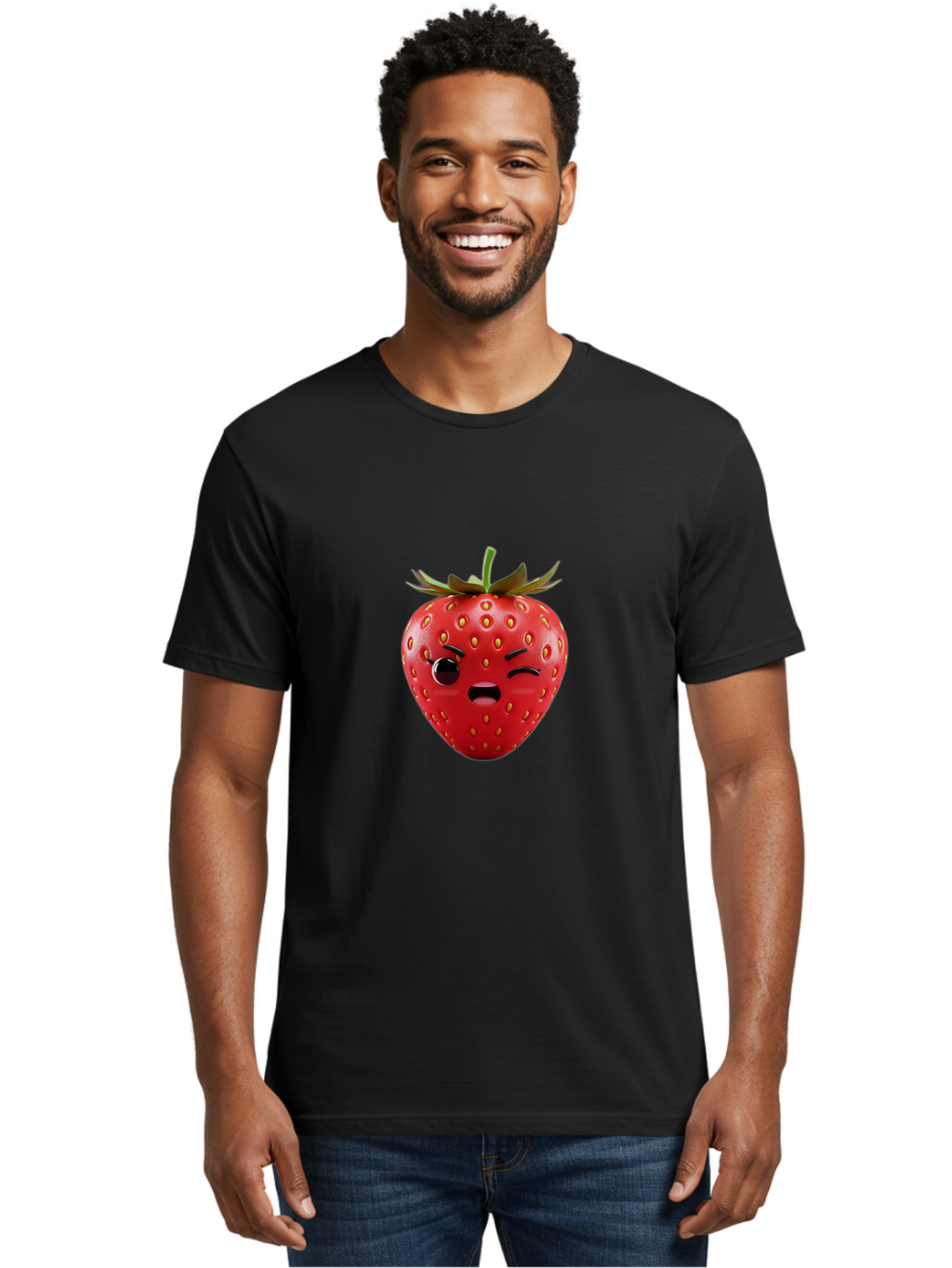 Winking-Strawberry-3 Men'S Graphic Tee, 100% Cotton, Comfortable Casual Summer Wear, Machine Washable, Winking Strawberry, Cartoon Fruit, Quirky Character, Comical Expression, Funny Face, Red Strawberry, Playful Design, Fruit Emoji, Bac560