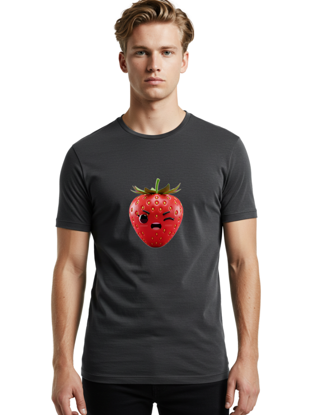 Winking-Strawberry-3 Men'S Graphic Tee, 100% Cotton, Comfortable Casual Summer Wear, Machine Washable, Winking Strawberry, Cartoon Fruit, Quirky Character, Comical Expression, Funny Face, Red Strawberry, Playful Design, Fruit Emoji, Bac560