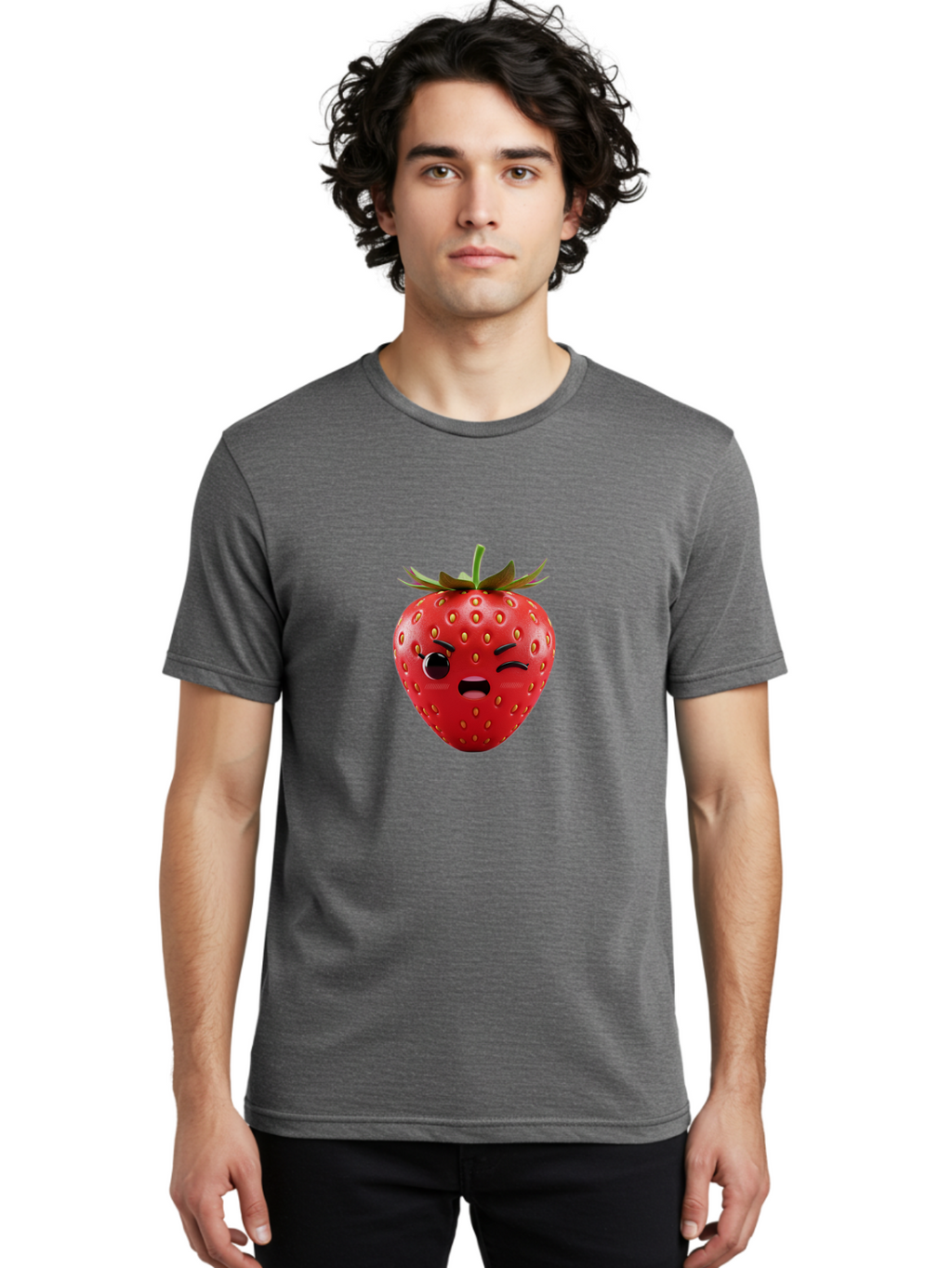 Winking-Strawberry-3 Men'S Graphic Tee, 100% Cotton, Comfortable Casual Summer Wear, Machine Washable, Winking Strawberry, Cartoon Fruit, Quirky Character, Comical Expression, Funny Face, Red Strawberry, Playful Design, Fruit Emoji, Bac560