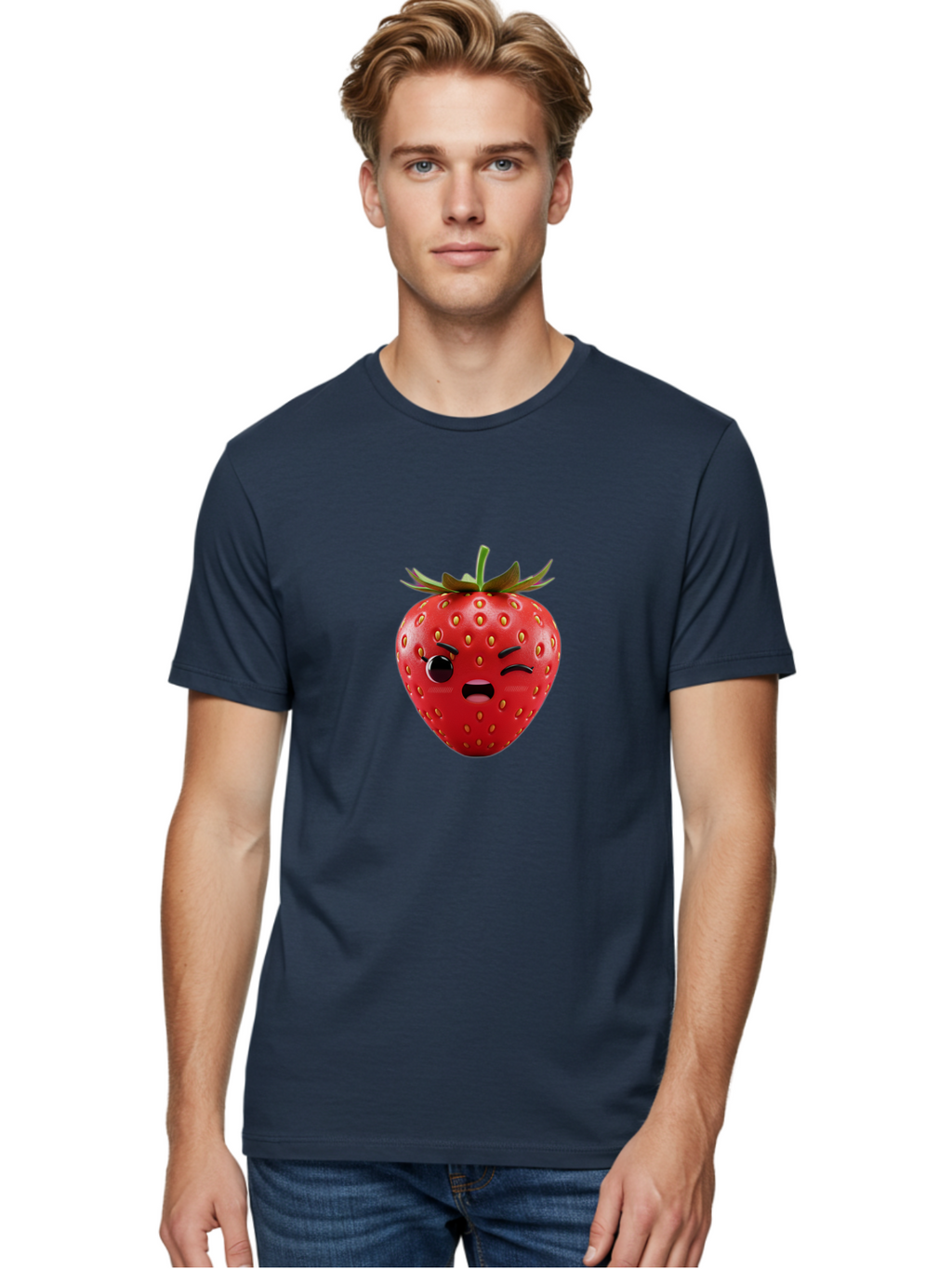 Winking-Strawberry-3 Men'S Graphic Tee, 100% Cotton, Comfortable Casual Summer Wear, Machine Washable, Winking Strawberry, Cartoon Fruit, Quirky Character, Comical Expression, Funny Face, Red Strawberry, Playful Design, Fruit Emoji, Bac560