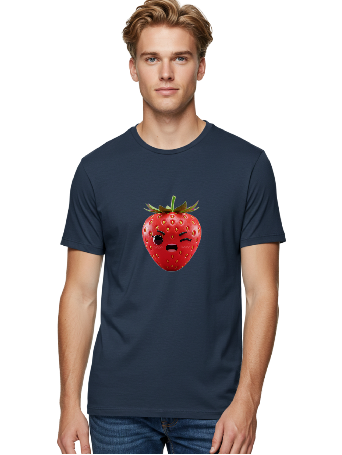 Winking-Strawberry-3 Men'S Graphic Tee, 100% Cotton, Comfortable Casual Summer Wear, Machine Washable, Winking Strawberry, Cartoon Fruit, Quirky Character, Comical Expression, Funny Face, Red Strawberry, Playful Design, Fruit Emoji, Bac560