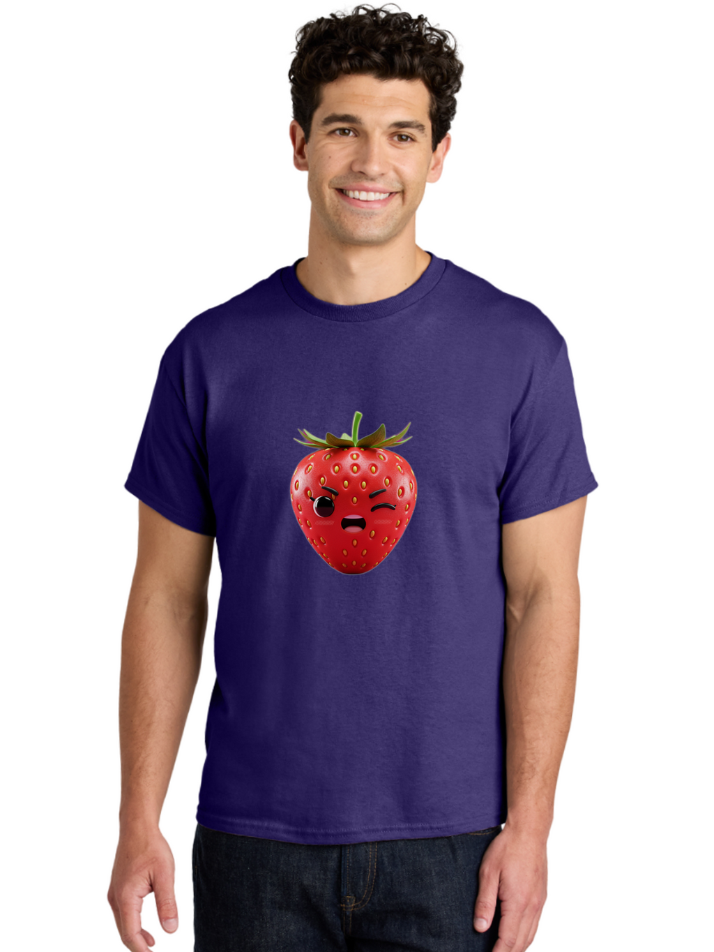 Winking-Strawberry-3 Men'S Graphic Tee, 100% Cotton, Comfortable Casual Summer Wear, Machine Washable, Winking Strawberry, Cartoon Fruit, Quirky Character, Comical Expression, Funny Face, Red Strawberry, Playful Design, Fruit Emoji, Bac560