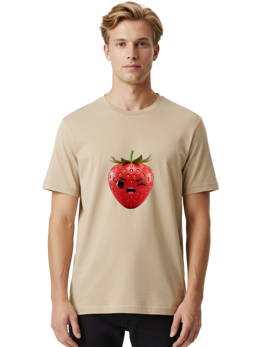 Winking-Strawberry-3 Men'S Graphic Tee, 100% Cotton, Comfortable Casual Summer Wear, Machine Washable, Winking Strawberry, Cartoon Fruit, Quirky Character, Comical Expression, Funny Face, Red Strawberry, Playful Design, Fruit Emoji, Bac560