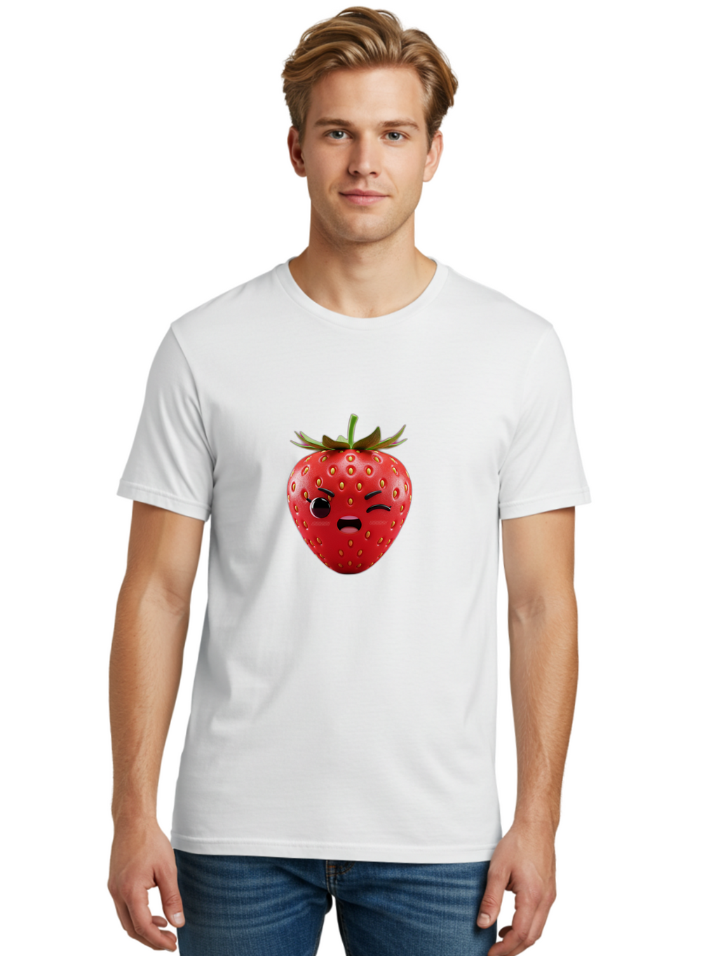 Winking-Strawberry-3 Men'S Graphic Tee, 100% Cotton, Comfortable Casual Summer Wear, Machine Washable, Winking Strawberry, Cartoon Fruit, Quirky Character, Comical Expression, Funny Face, Red Strawberry, Playful Design, Fruit Emoji, Bac560