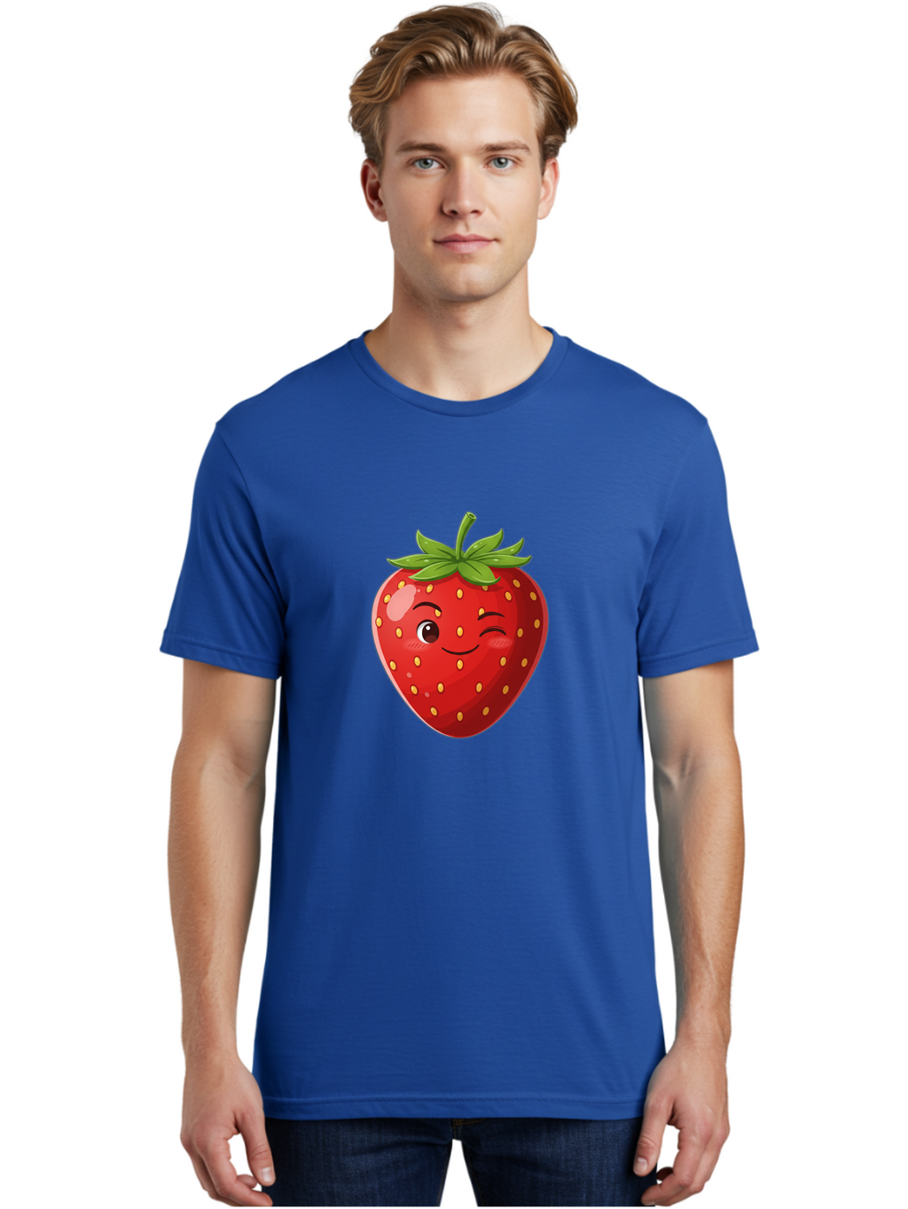Winking-Strawberry-5 Men'S Graphic Tee, 100% Cotton, Comfortable Casual Summer Wear, Machine Washable, Strawberry With Face, Winking Strawberry, Cartoon Fruit, Smiling Fruit, Red Strawberry, Yellow Seeds, Green Leaves, Playful Character, Bac562