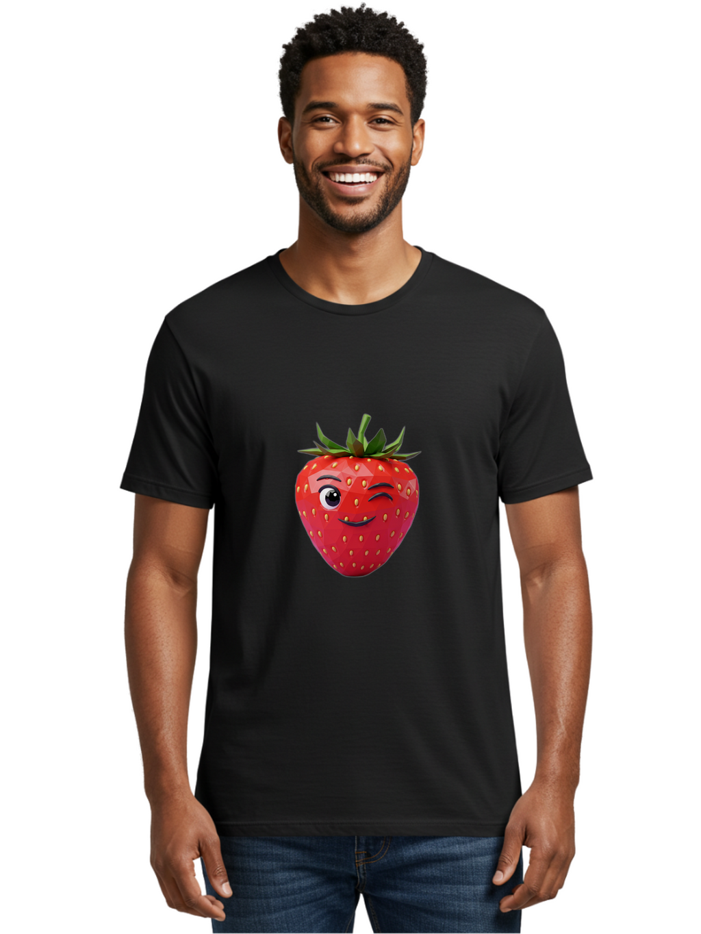 Winking-Strawberry-7 Men'S Graphic Tee, 100% Cotton, Comfortable Casual Summer Wear, Machine Washable, Winking Strawberry, Cute Strawberry, Cartoon Strawberry, Smiling Strawberry, Fruit Character, Adorable Fruit, Strawberry Face, Bac564